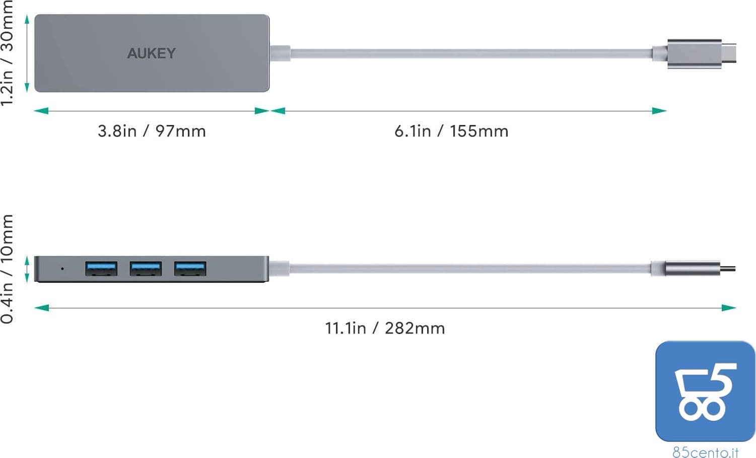 AUKEY Hub USB C in Alluminio 4 Porte USB 3.0 Adattatore USB C Super Sottile per MacBook PRO Google Chromebook Pixel, Samsung Note S A Ultra e Molti Altri Dispositivi Compatibili - 2