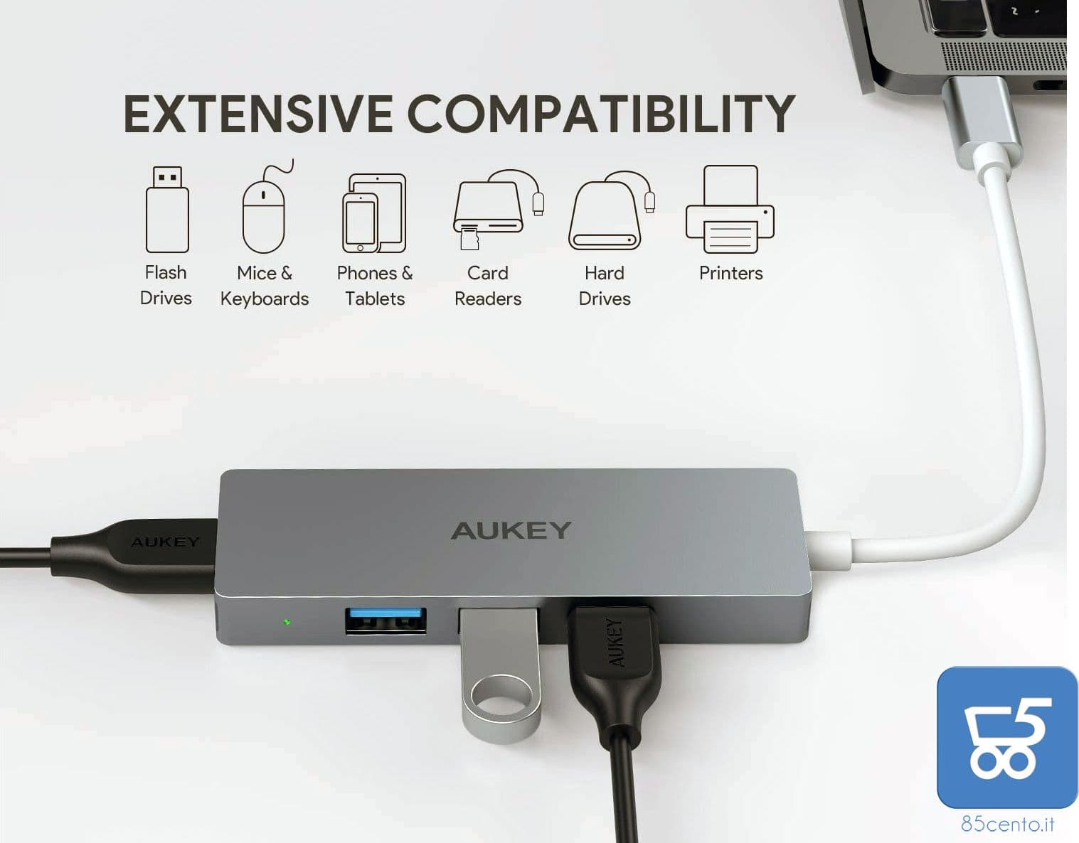 AUKEY Hub USB C in Alluminio 4 Porte USB 3.0 Adattatore USB C Super Sottile per MacBook PRO Google Chromebook Pixel, Samsung Note S A Ultra e Molti Altri Dispositivi Compatibili - 5