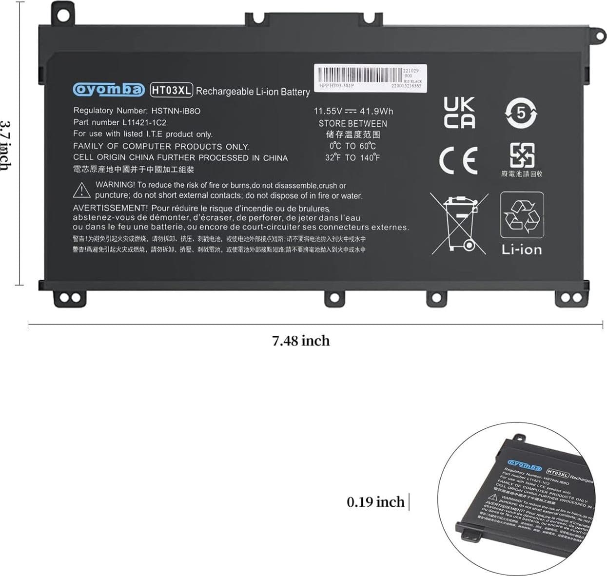 Batteria HT03XL Compatibile con HP Pavilion 14-CE 14-CF 14-CK 14-cm 14-DH 14-DK 14-DF 14-MA 14Q-CS 14Q-CY 15-CS 15-DQ 15-DA - DB 17-by 17-CA 240 245 245 50 25 5 G7 340 348 - 3