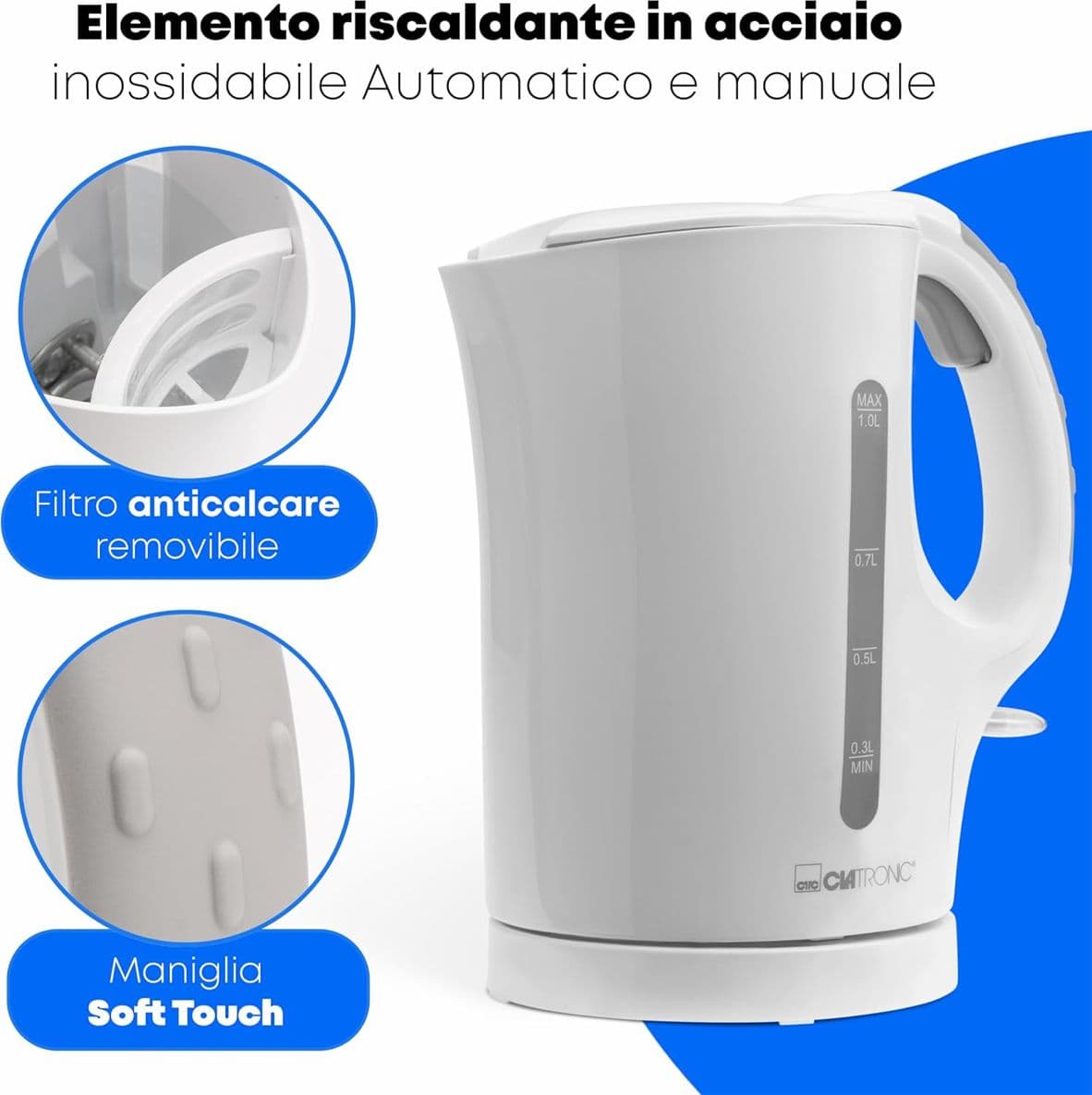 Bollitore Elettrico Clatronic WK 3462 da 1L 900W Acciaio Inossidabile Bianco - 2