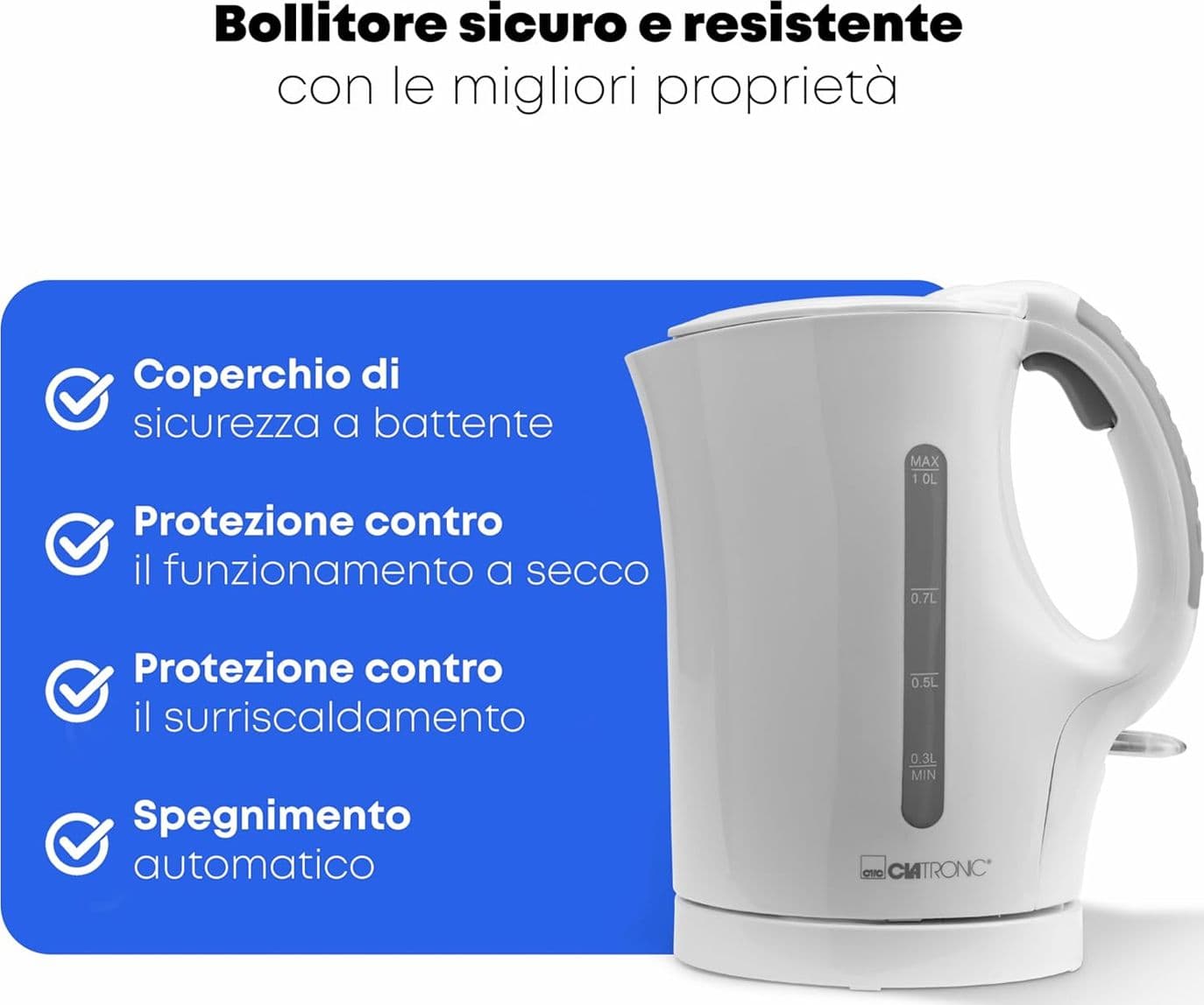 Bollitore Elettrico Clatronic WK 3462 da 1L 900W Acciaio Inossidabile Bianco - 3