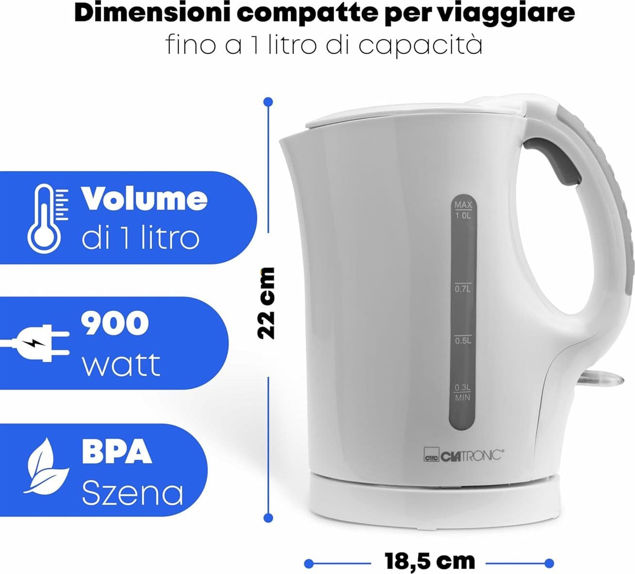 Bollitore Elettrico Clatronic WK 3462 da 1L 900W Acciaio Inossidabile Bianco - 4