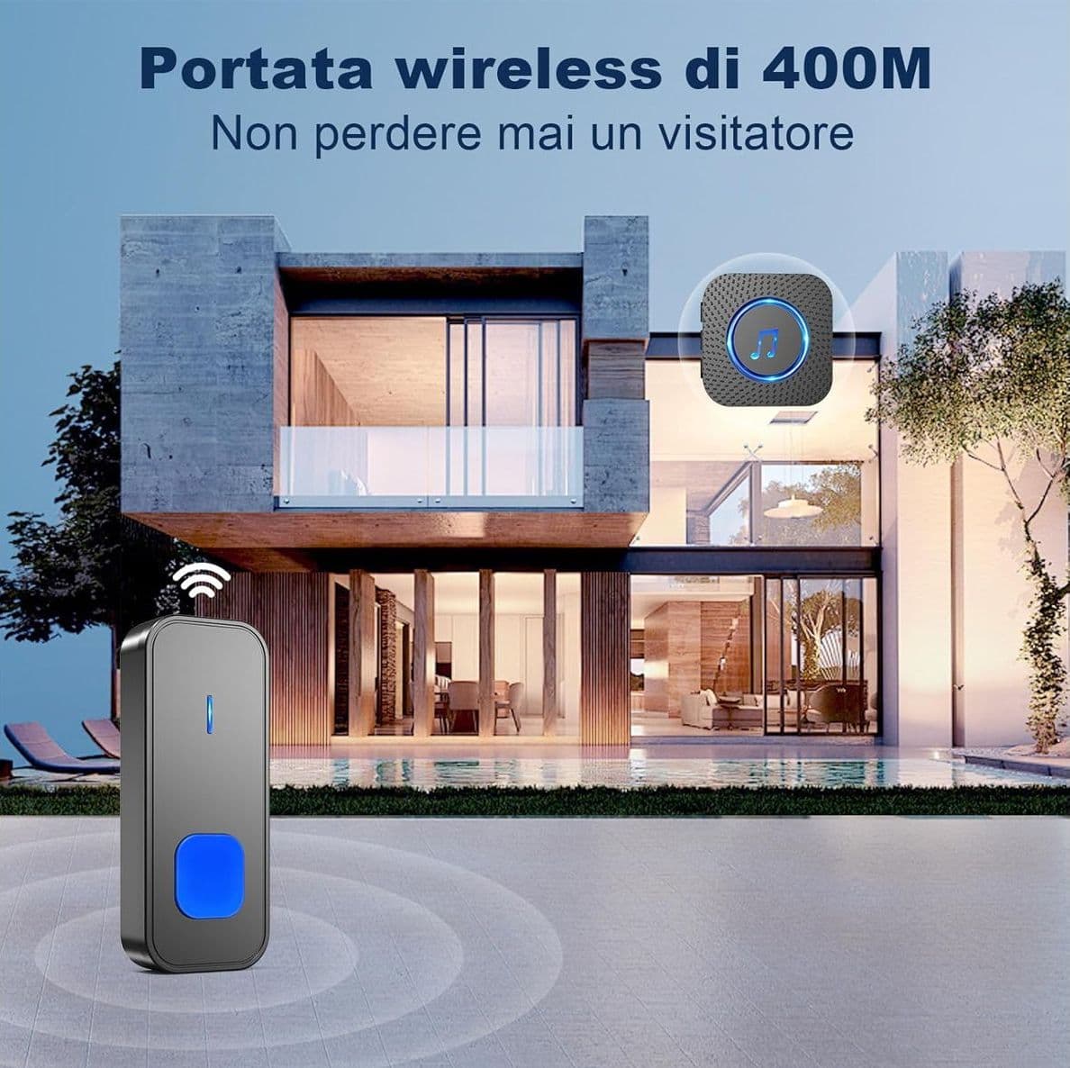 Campanello Senza Fili SURFOU da Esterno Interno Impermeabile con Ricevitori Spina Casa Wireless Pulsante a Lunga Distanza di 400m 55 Suonerie 5 Volumi Indicatore LED - 2