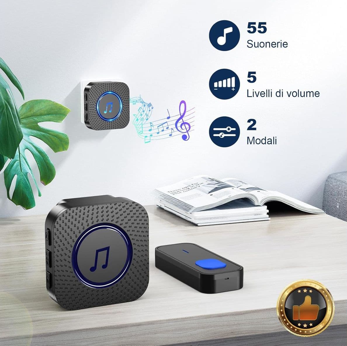 Campanello Senza Fili SURFOU da Esterno Interno Impermeabile con Ricevitori Spina Casa Wireless Pulsante a Lunga Distanza di 400m 55 Suonerie 5 Volumi Indicatore LED - 3