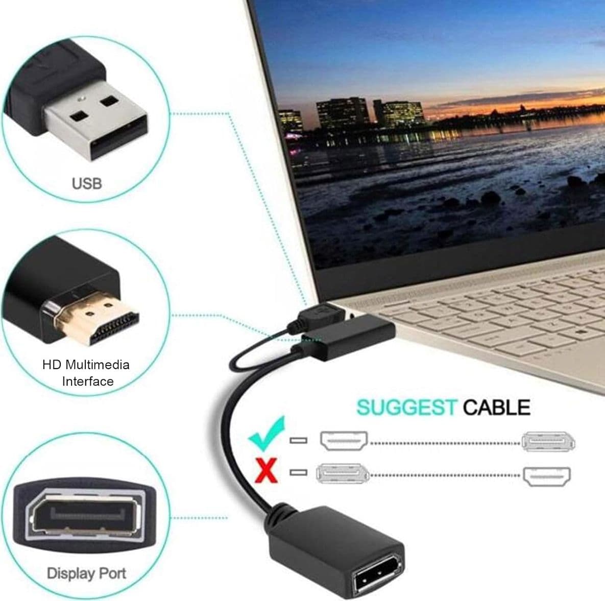 Cavo Adattatore da HDMI 4K 60Hz a Cavo Adattatore DisplayPort con Cavo Adattatore Video di Alimentazione USB per Computer da 25cm Interfaccia Multimediale - 3