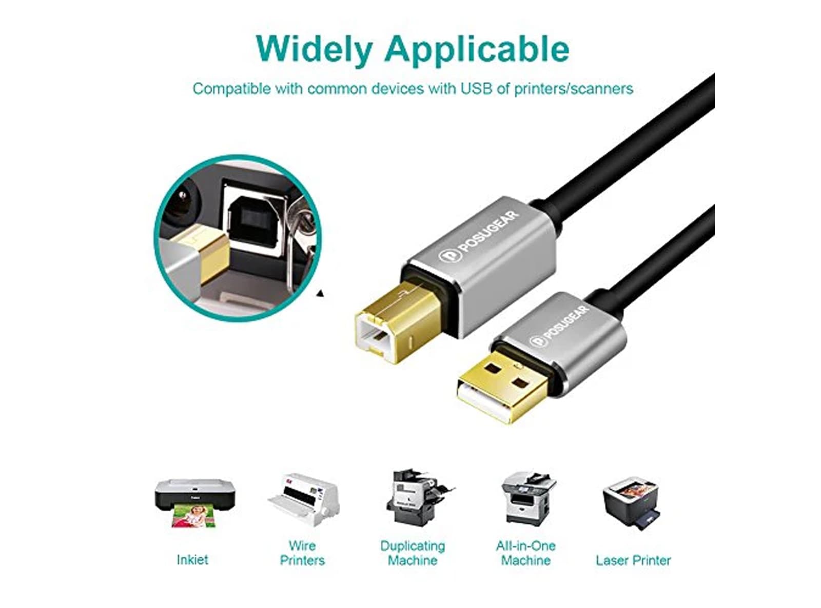 Cavo Stampante 3 Metri per Stampanti A Maschio/B Maschio Compatibile con HP Canon Lexmark Epson Dell Xerox Samsung - 3
