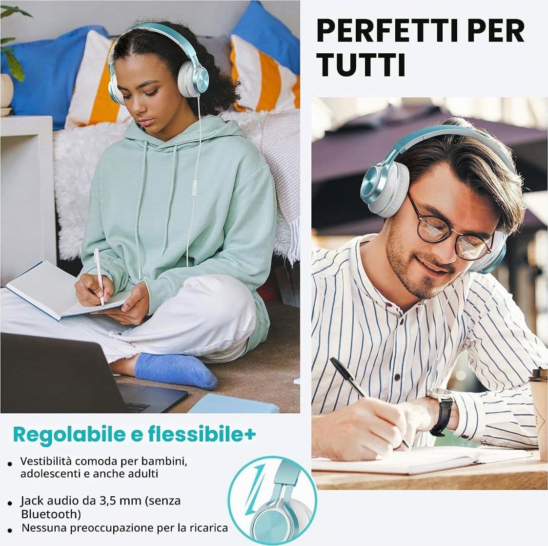 Cuffie Cablate con Microfono On Ear Pieghevoli Regolabili Controllo Volume Audio Stereo HD Jack da 3,5 mm per Chromebook Laptop Smartphone Studio Ufficio Viaggi - 2