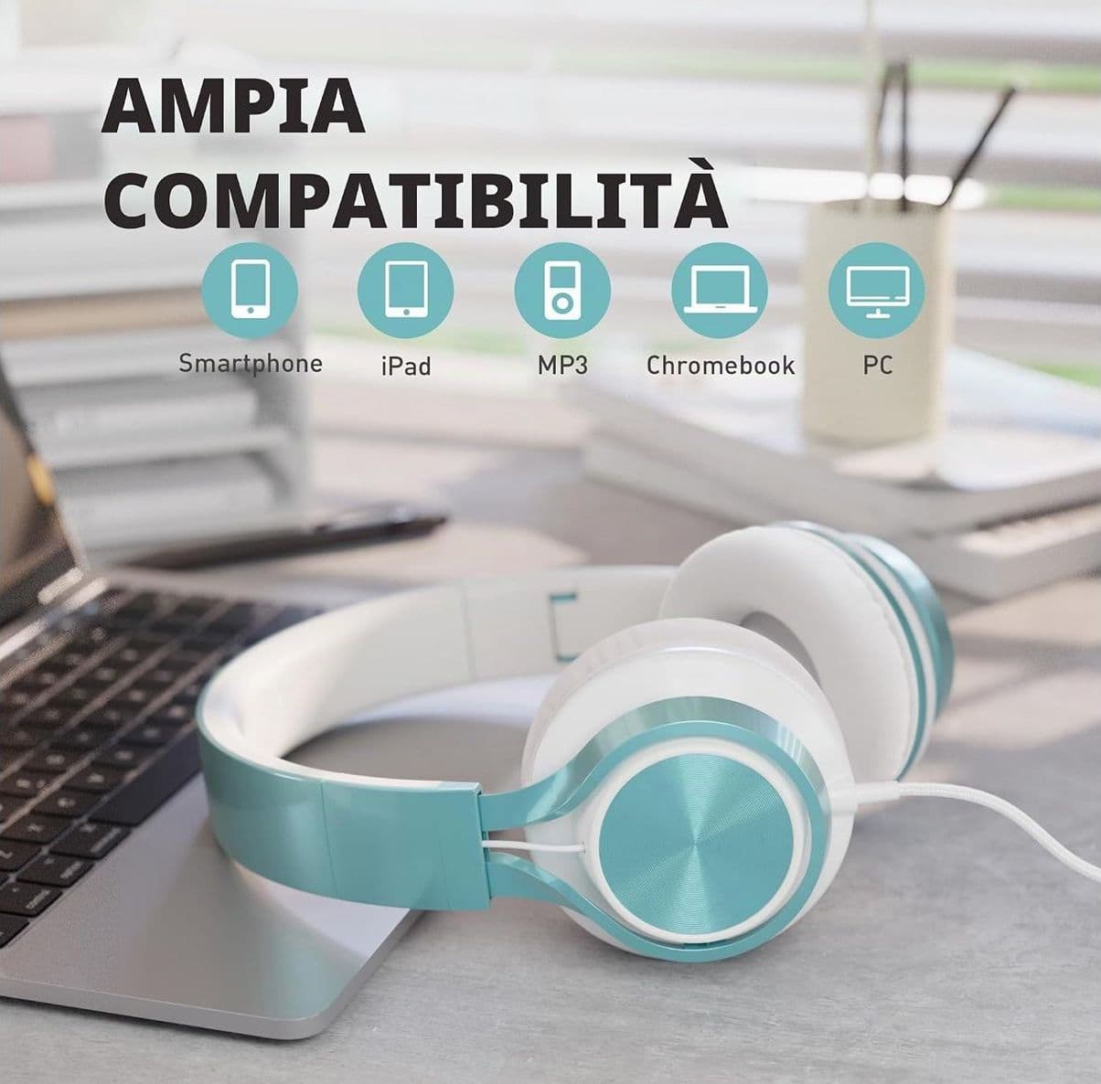 Cuffie Cablate con Microfono On Ear Pieghevoli Regolabili Controllo Volume Audio Stereo HD Jack da 3,5 mm per Chromebook Laptop Smartphone Studio Ufficio Viaggi - 4