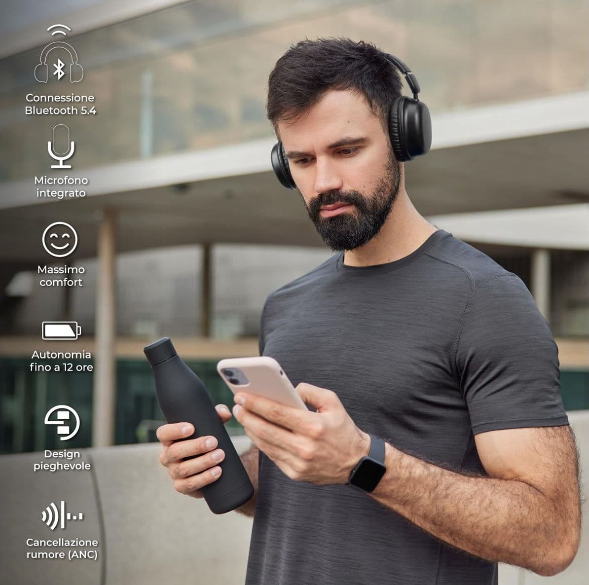 Cuffie Over Ear Wireless VulTech HBT-30BK Bluetooth 5.4 con Cancellazione Attiva del Rumore ANC Microfono Integrato Ingresso Aux Pieghevoli Ricarica USB-C Batteria 12 Ore Per Android e iOS Nero - 5