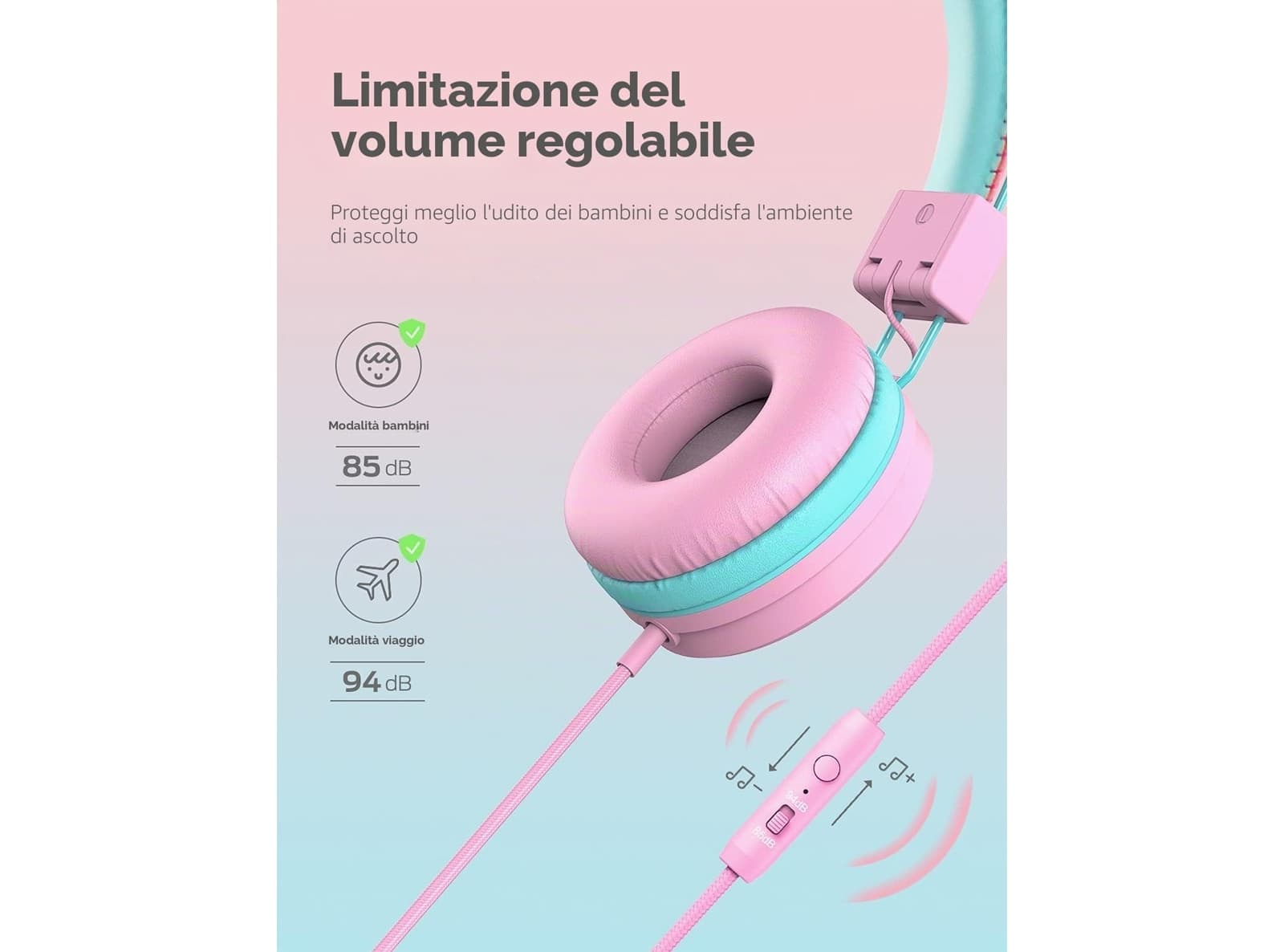Cuffie per Bambini con Limitatore di Volume 85/94dB Stereo Pieghevoli Cavo Anti Groviglio e Jack da 3,5mm per Smartphone Tablet PC Scuola Rosa - 3