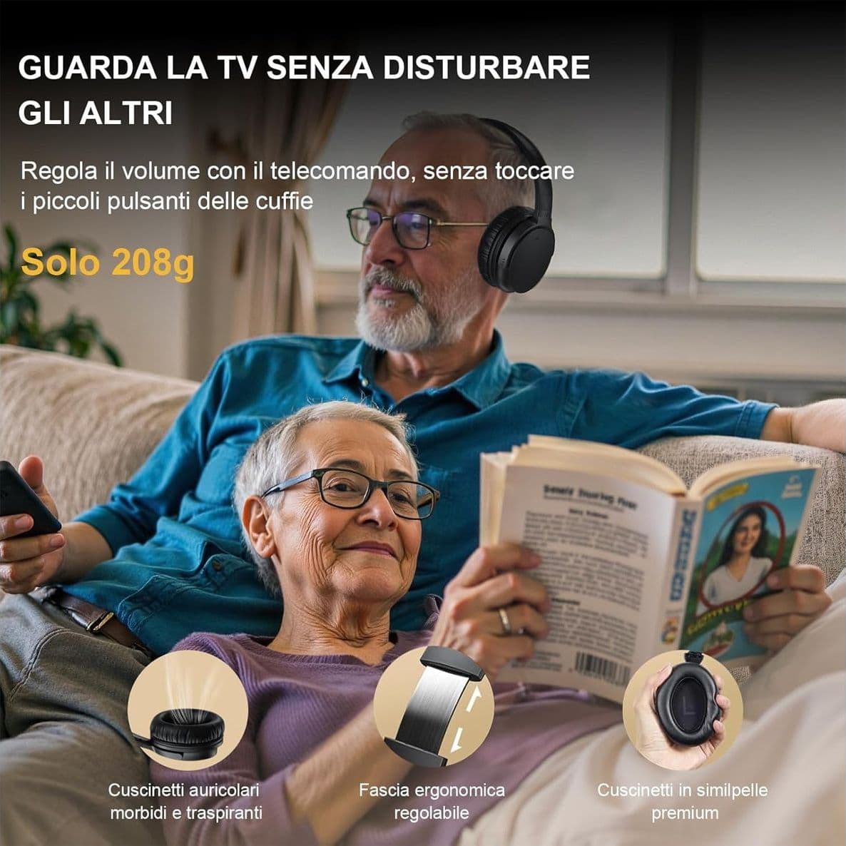 Cuffie TV Wireless per Anziani e Ipoudenti Cuffie Over-Ear con Trasmettitore USB Universale Ottico RCA AUX Audio Forte e Chiaro Bassa Latenza AptX Plug & Play - 3