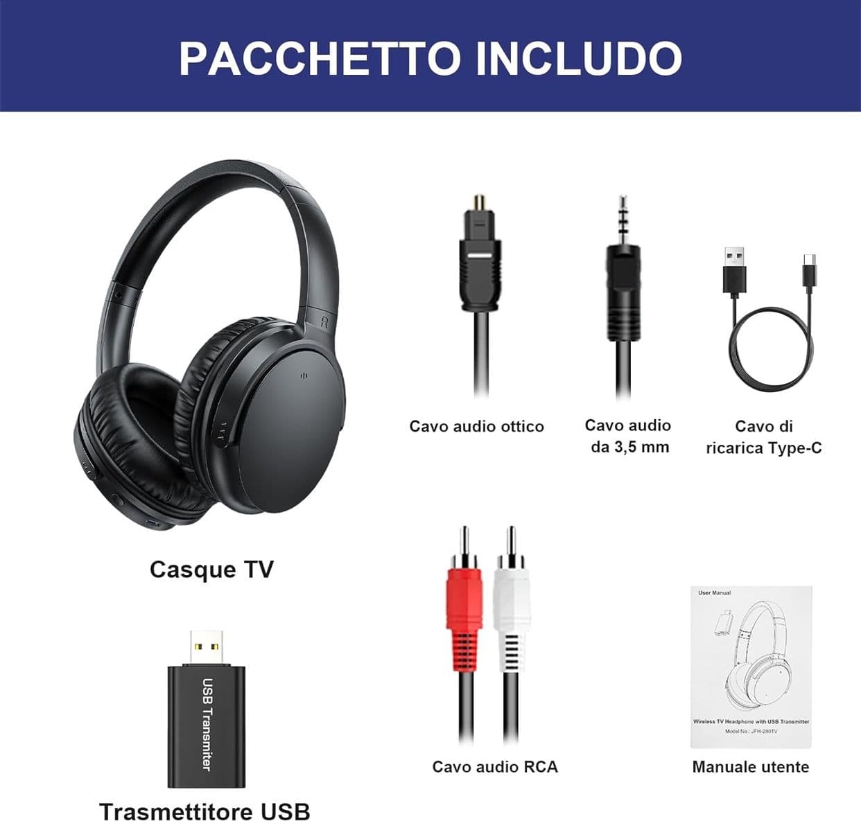 Cuffie TV Wireless per Anziani e Ipoudenti Cuffie Over-Ear con Trasmettitore USB Universale Ottico RCA AUX Audio Forte e Chiaro Bassa Latenza AptX Plug & Play - 4