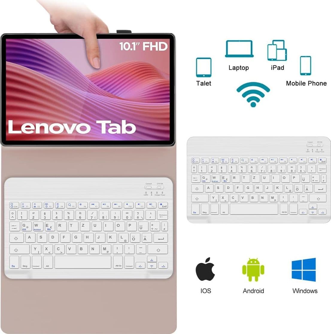 Custodia con Tastiera Bluetooth Magnetica Rimovibile per Lenovo Tab 10.1" 2025 Layout Tedesco Rosa - 2