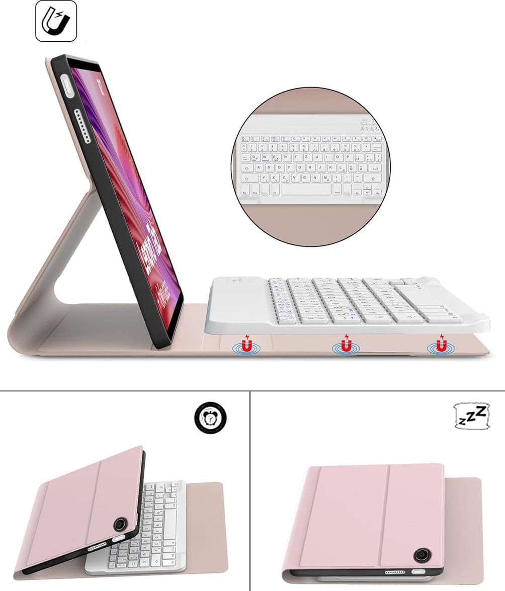 Custodia con Tastiera Bluetooth Magnetica Rimovibile per Lenovo Tab 10.1" 2025 Layout Tedesco Rosa - 3