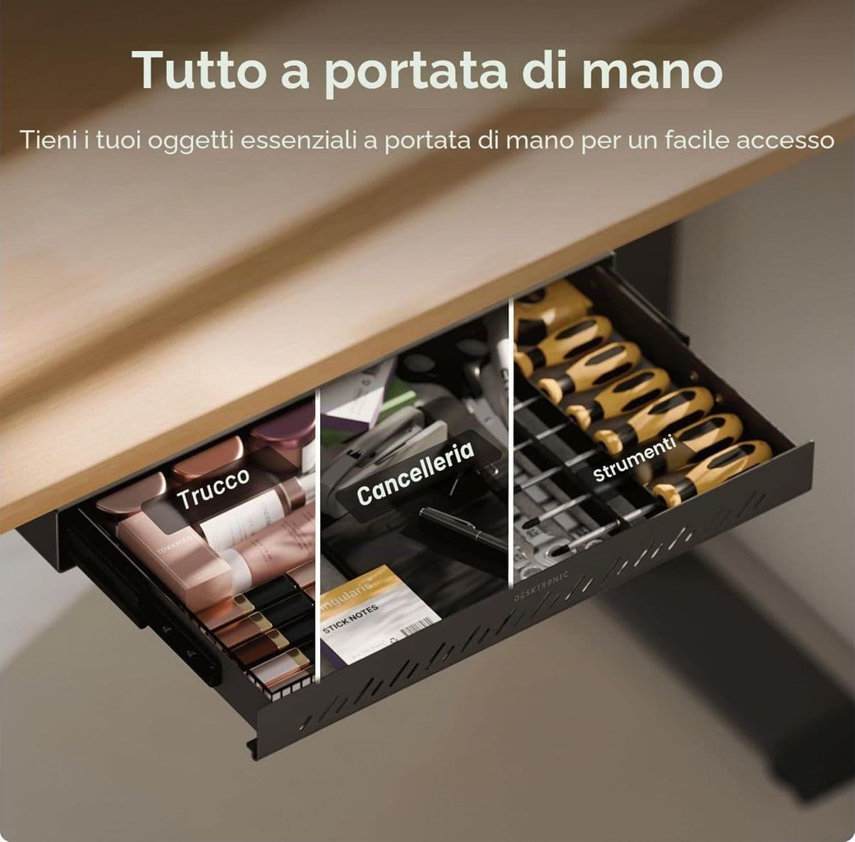 Desktronic Cassetto Sotto Scrivania in Metallo Organizzatore Nascosto Salvaspazio ad Alta Capacità Facile da Installare per Ufficio e Tavolo Toeletta Struttura Resistente - 5