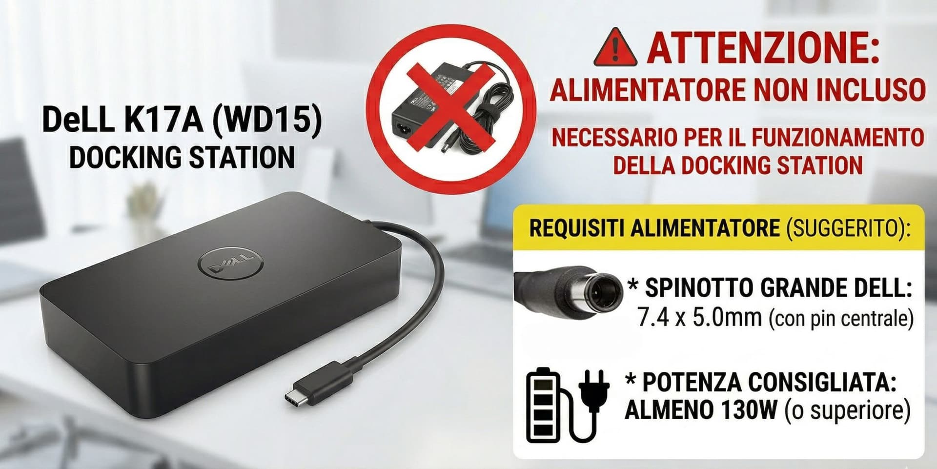 Docking Station Dell K17A USB-C Monitor 4K Gigabit Espandi le possibilità del tuo notebook con la docking station più potente Collegamento UNIVERSALE WD15 Thunderbolt Compatibile Alimentatore 130W/180W - 4