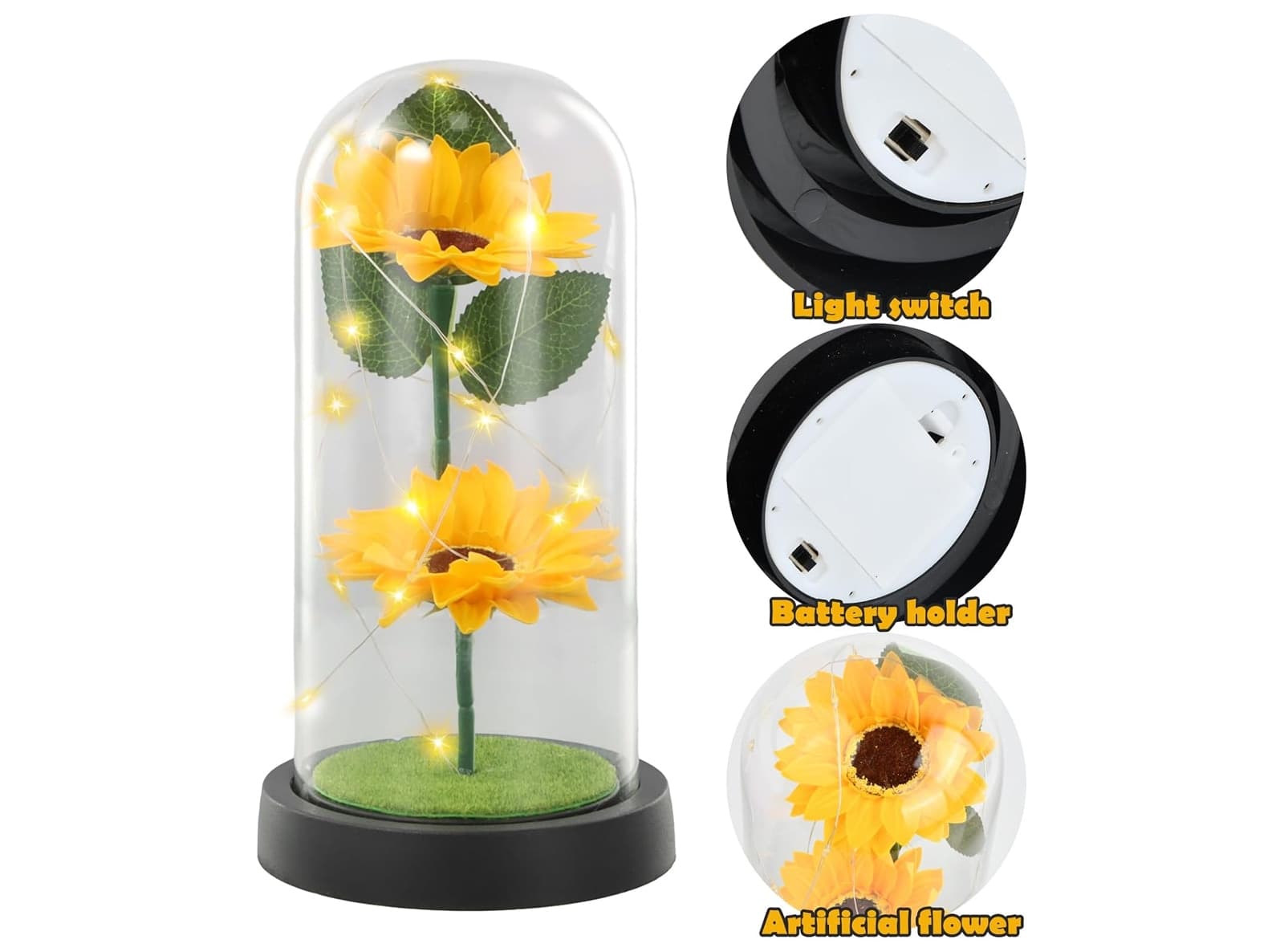 Girasole Artificiale in Cupola di Vetro con Luci LED Fiore Eterno Regalo Donna Lampada Decorativa da Interno - 2