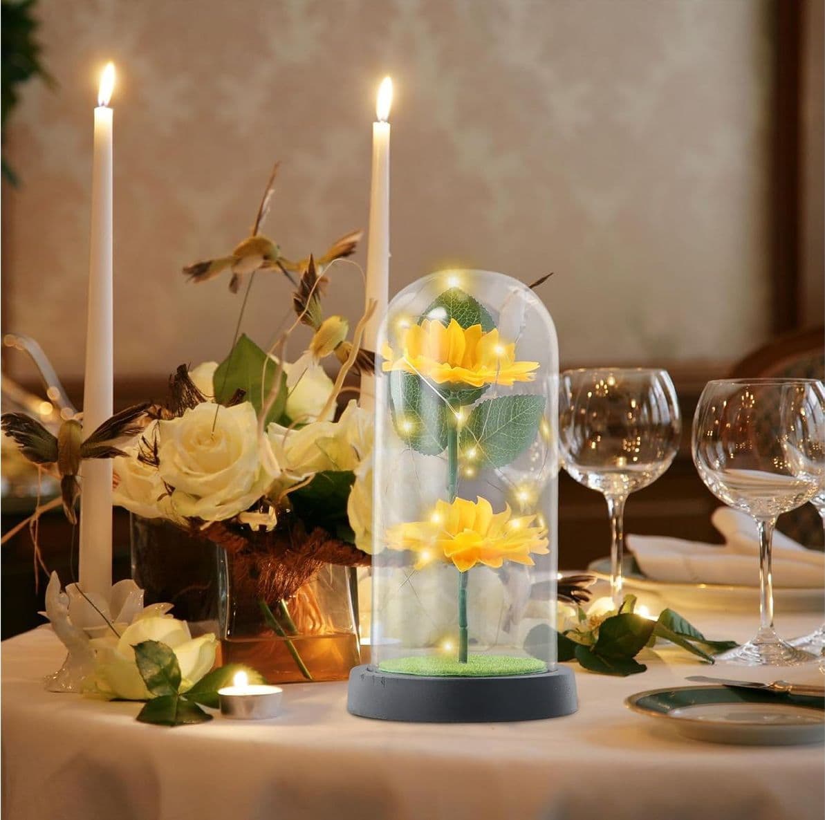 Girasole Artificiale in Cupola di Vetro con Luci LED Fiore Eterno Regalo Donna Lampada Decorativa da Interno - 3