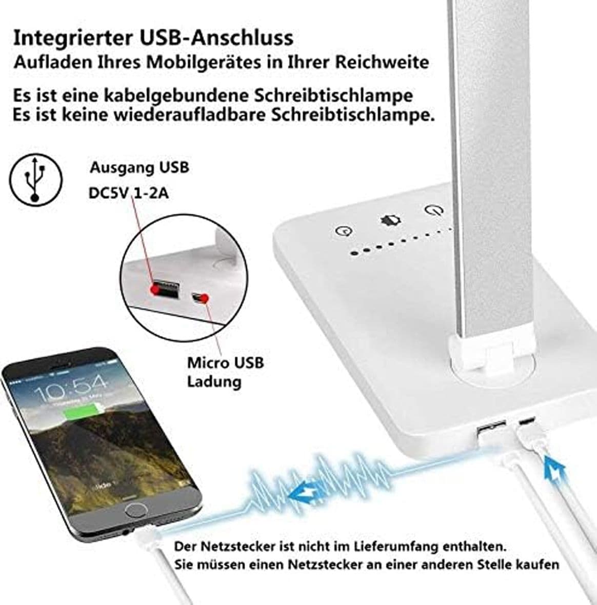 Lampada da Scrivania a LED Regolabile 5 Colori e 10 Livelli di Luminosità Lampada da Comodino e Lettura con Ricarica USB per Smartphone - 4