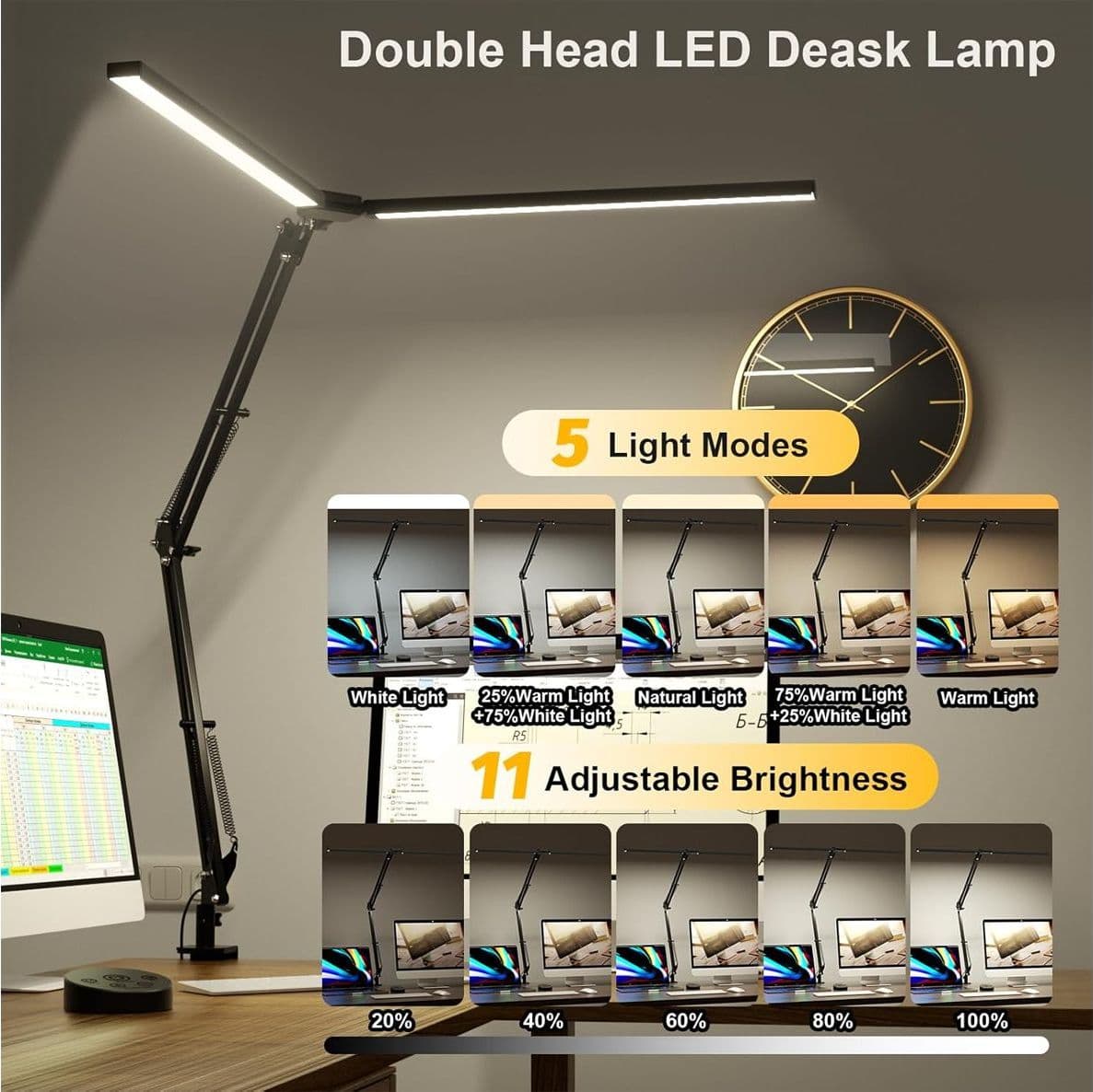 Lampada da Scrivania LED Doppia Testa da 24W e 2400 Lumen Lampada da Lavoro con Telecomando Dimmerabile 5 Temperature e Funzione Memoria per Ufficio e Lettura Nero - 4