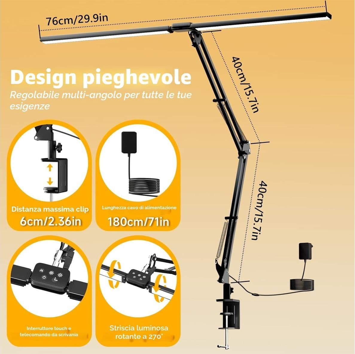 Lampada da Scrivania LED Doppia Testa da 24W e 2400 Lumen Lampada da Lavoro con Telecomando Dimmerabile 5 Temperature e Funzione Memoria per Ufficio e Lettura Nero - 5