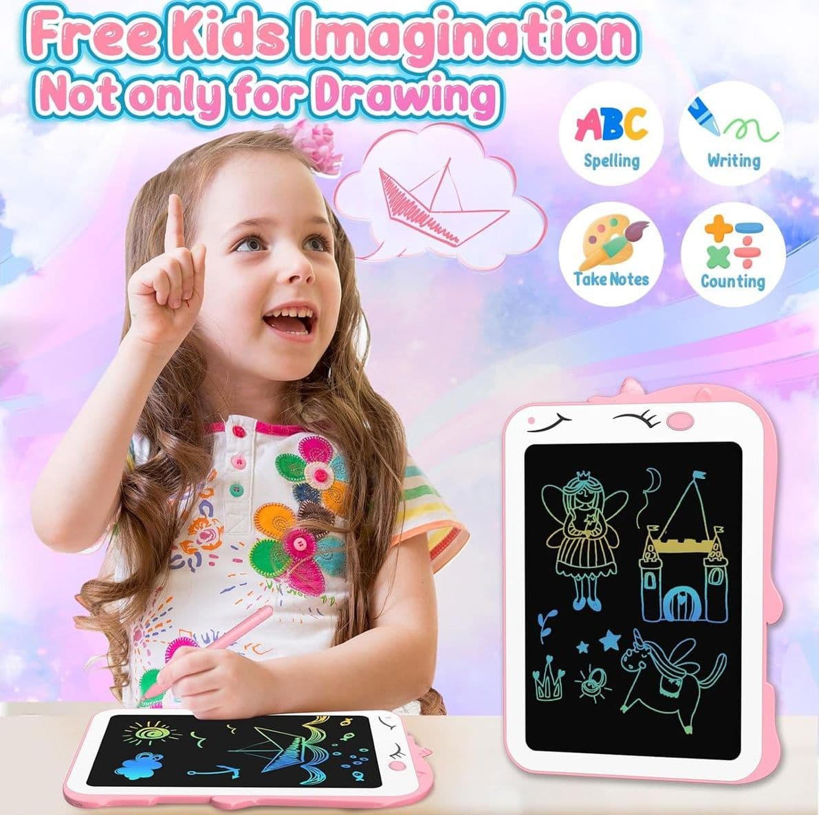 Lavagnetta LCD da Disegno 8.5 Pollici Portatile con Penna e Pulsante di Blocco Ewriter Digitale Scrittura Grafica per Bambini Unicorno Giocattolo - 3