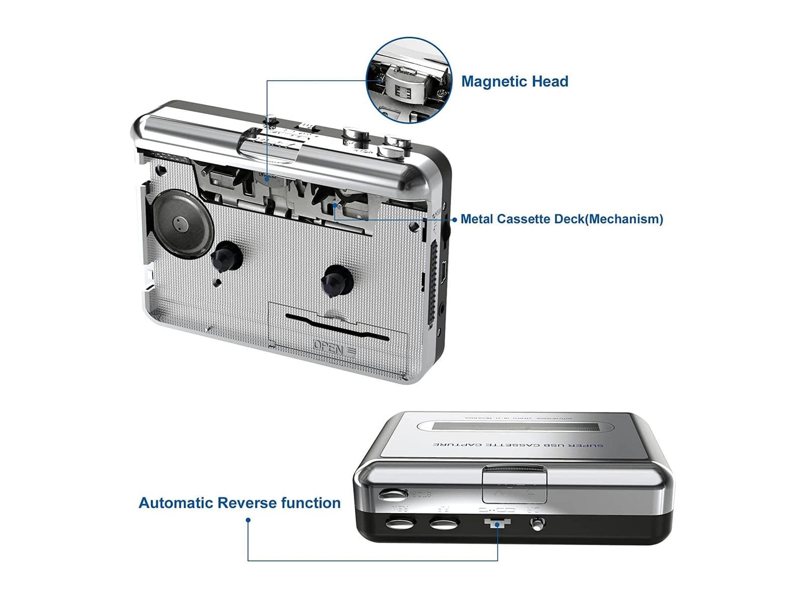 Lettore Audiocassette Portatile Walkman USB Convertitore Tape to CD MP3 con Cuffie Plug And Play - 3
