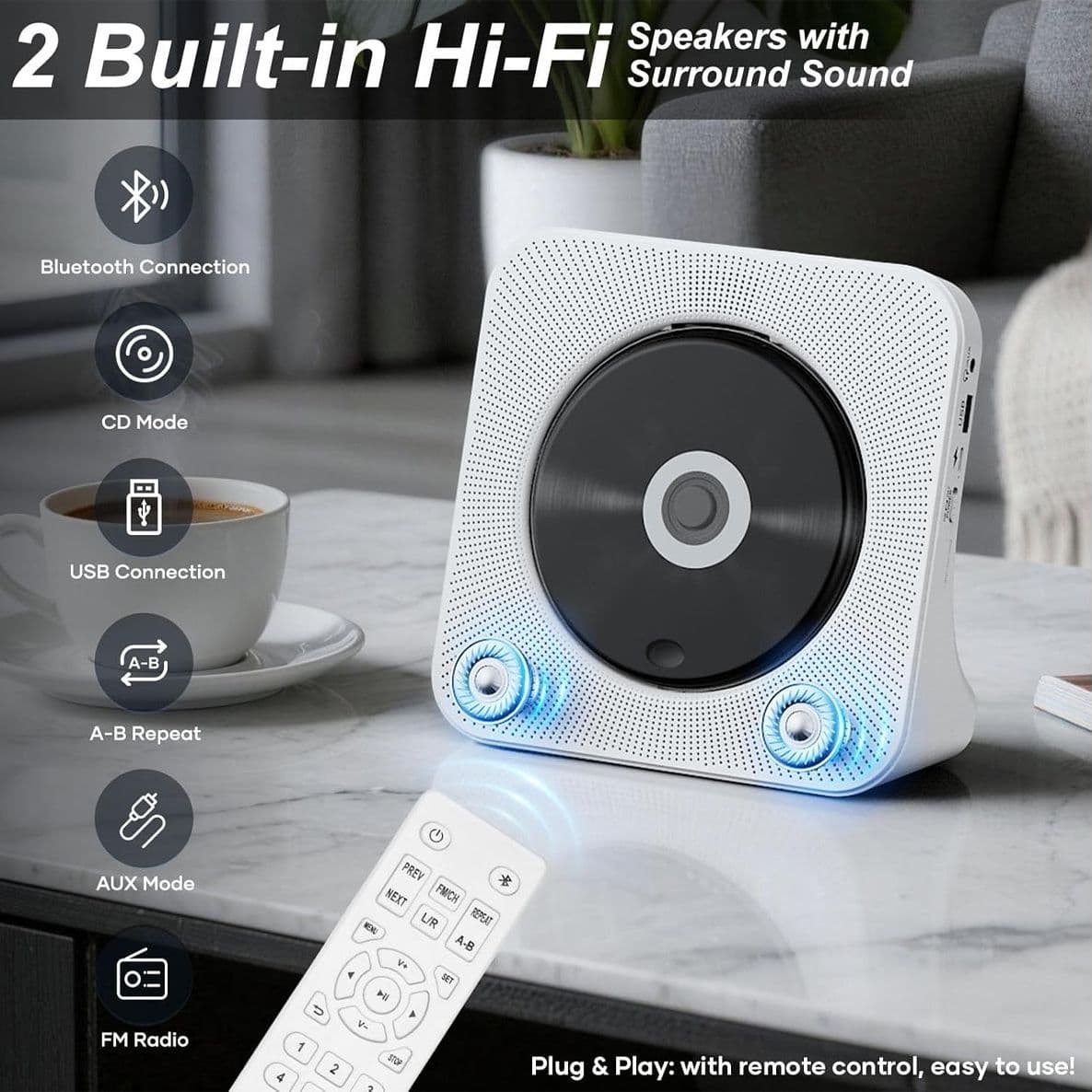 Lettore CD Portatile e Desktop con Altoparlanti Bluetooth Radio FM Protezione Anti-Salto e Copertura Antipolvere con Display LCD Funzionamento a Batteria Jack Aux Ingresso e Uscita - 2