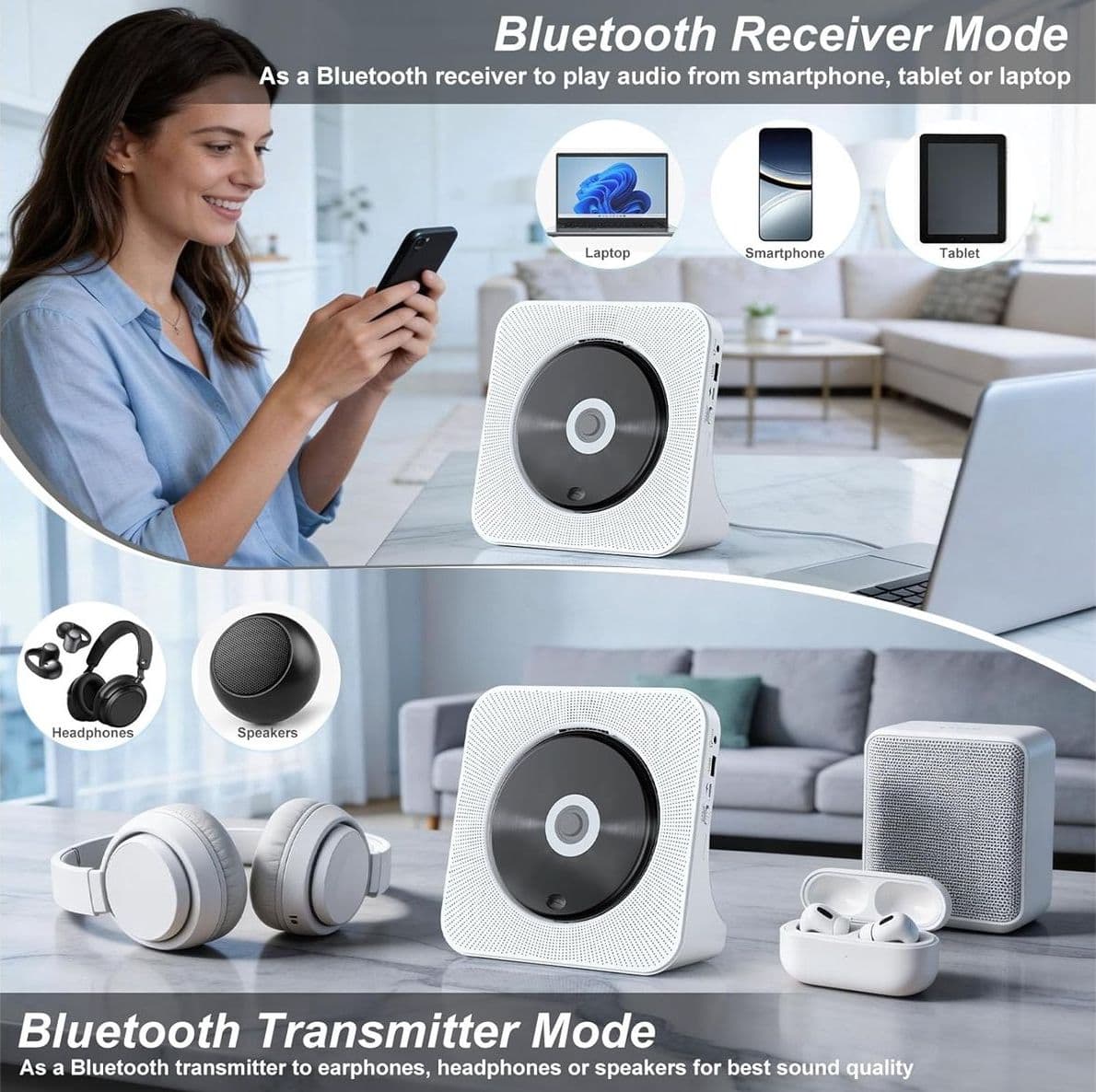 Lettore CD Portatile e Desktop con Altoparlanti Bluetooth Radio FM Protezione Anti-Salto e Copertura Antipolvere con Display LCD Funzionamento a Batteria Jack Aux Ingresso e Uscita - 3