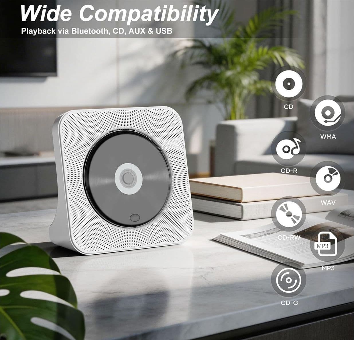 Lettore CD Portatile e Desktop con Altoparlanti Bluetooth Radio FM Protezione Anti-Salto e Copertura Antipolvere con Display LCD Funzionamento a Batteria Jack Aux Ingresso e Uscita - 4