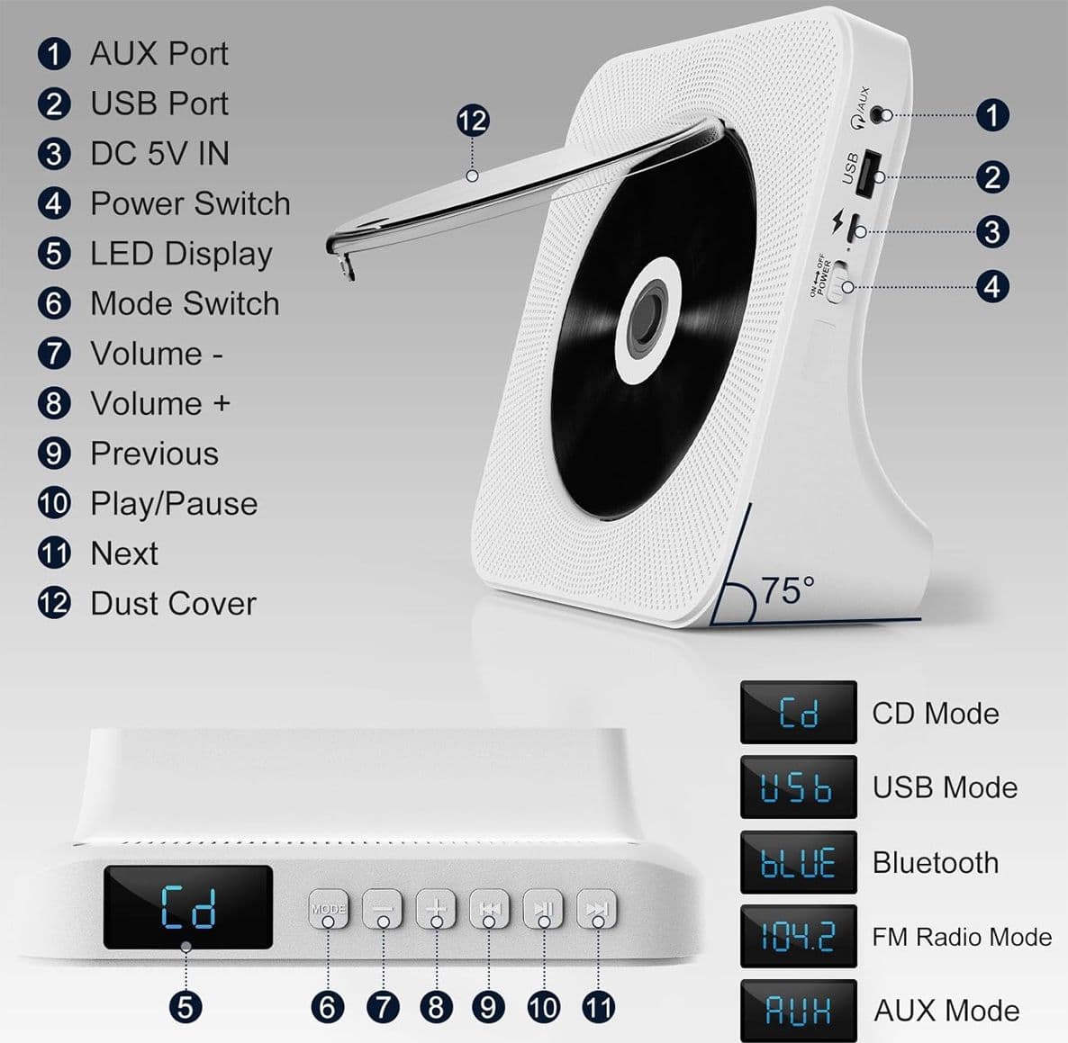 Lettore CD Portatile e Desktop con Altoparlanti Bluetooth Radio FM Protezione Anti-Salto e Copertura Antipolvere con Display LCD Funzionamento a Batteria Jack Aux Ingresso e Uscita - 5