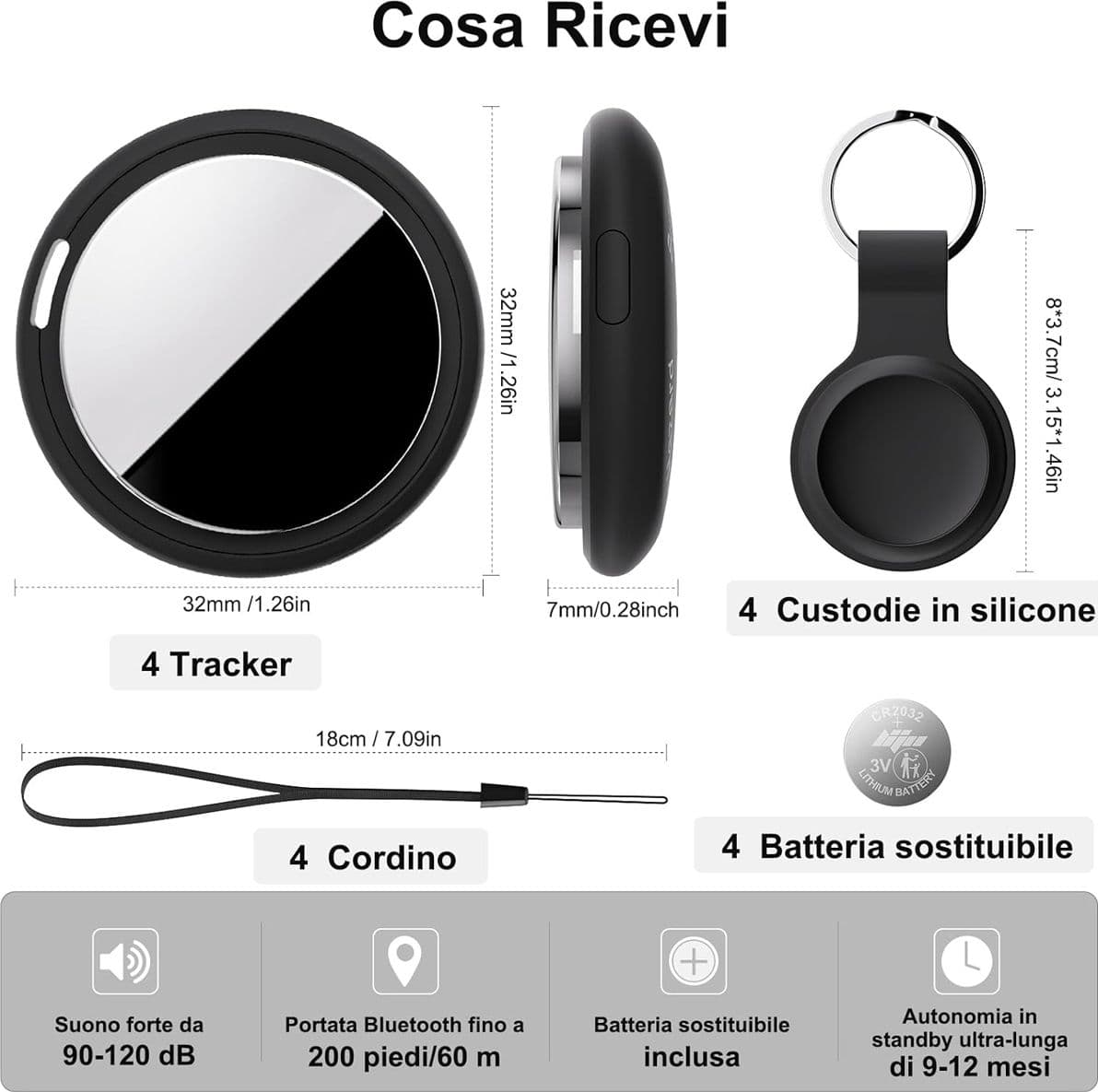 Localizzatore Smart Air Tracker Tag Compatibile Apple solo iOS Batteria di Ricambio Inclusa Adatto per Chiavi Portafoglio Auto Bici Cane Gatto Nero Confezione da 4 - 5