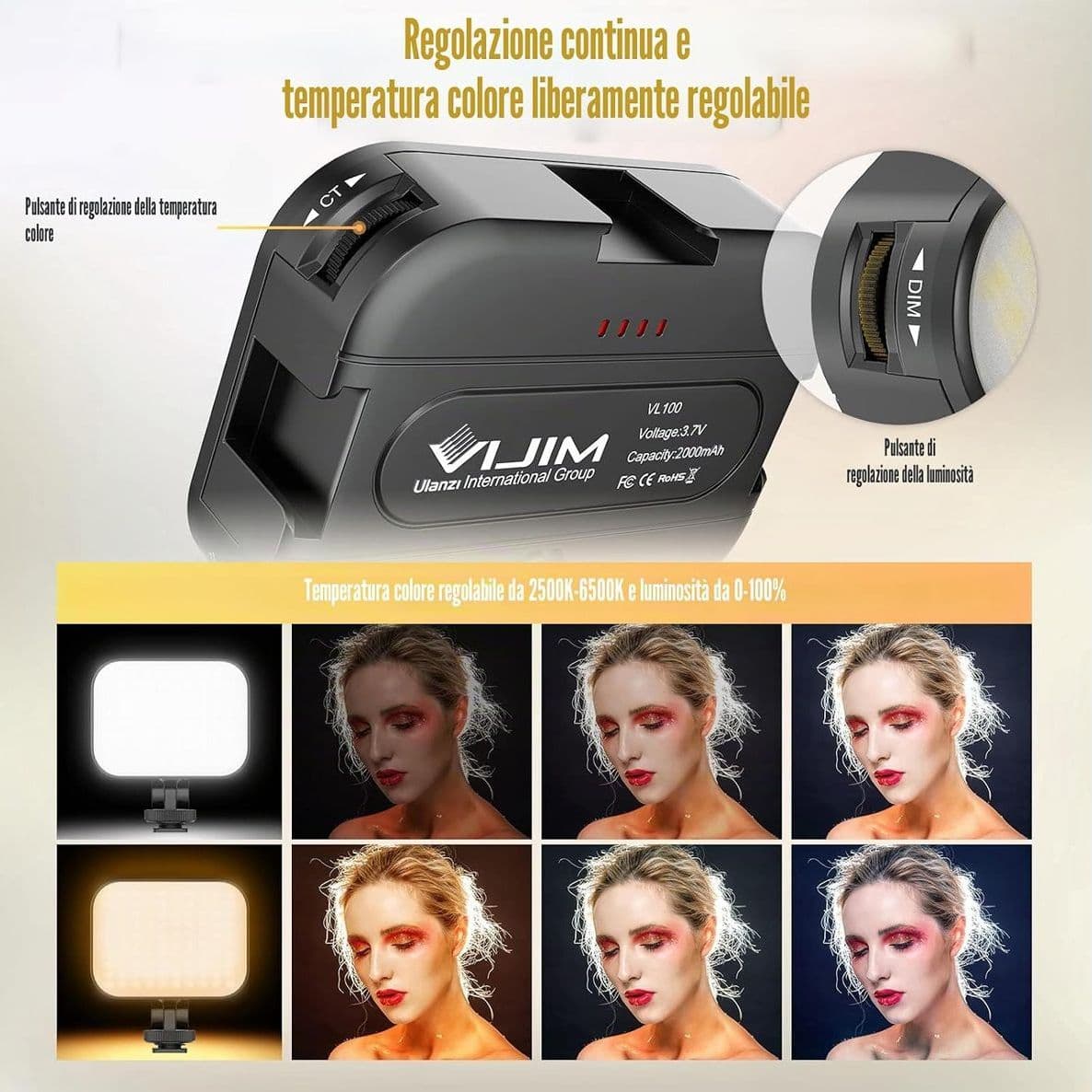 Luce Per Videocamera A LED Dimmerabile 2500 6500K Con Batteria Da 2000mAh Faretto Mini Ricaricabile Attacco Slitta Fredda CRI95 Per Vlogging TikTok Ritratto Fotografico VIJIM VL100C - 2