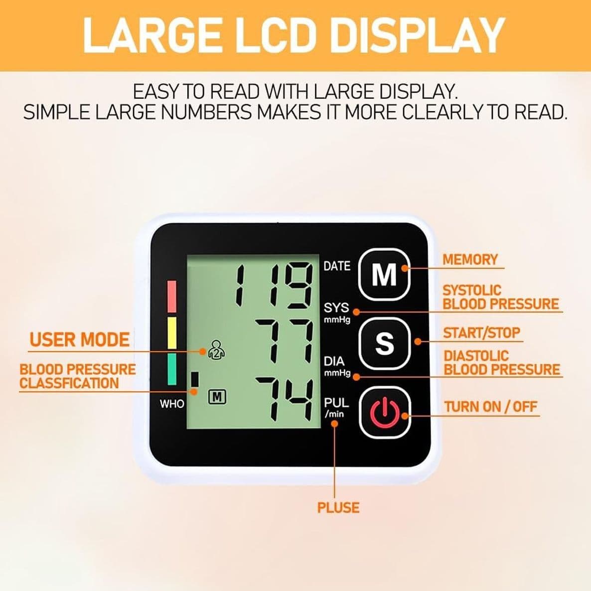 Misuratore Pressione Sanguigna Portatile da Polso Misurazione della Frequenza Cardiaca e Pulsazioni 99 Memorie, Aritmia, Display LCD, WHO - 2
