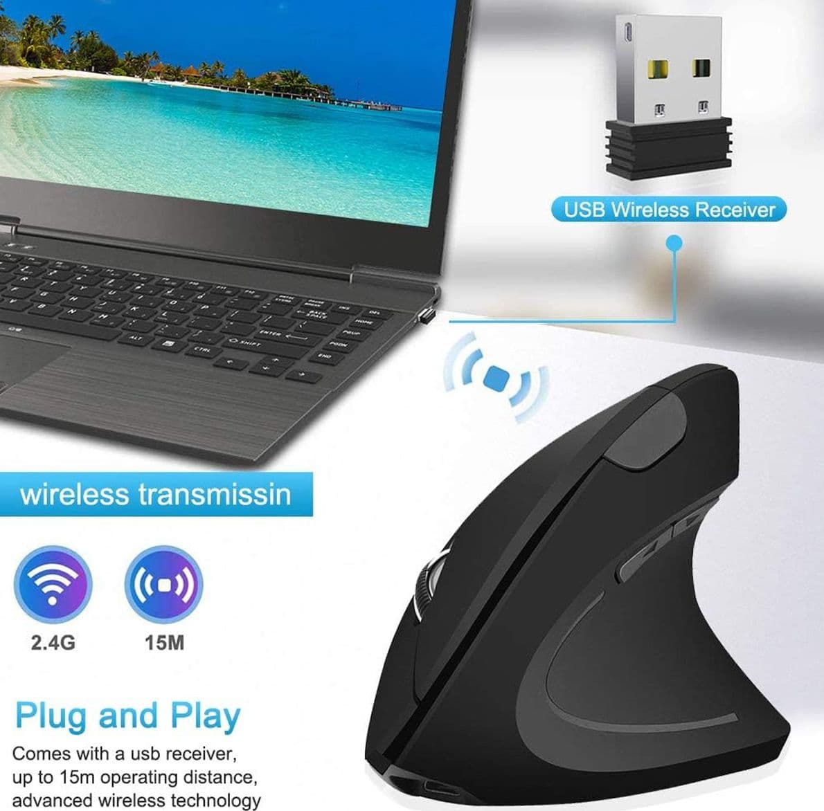 Mouse Ergonomico Verticale Ricevitore Bluetooth o USB Type-C Clic Silenziosi 5 Tasti per PC Laptop Mac - 2
