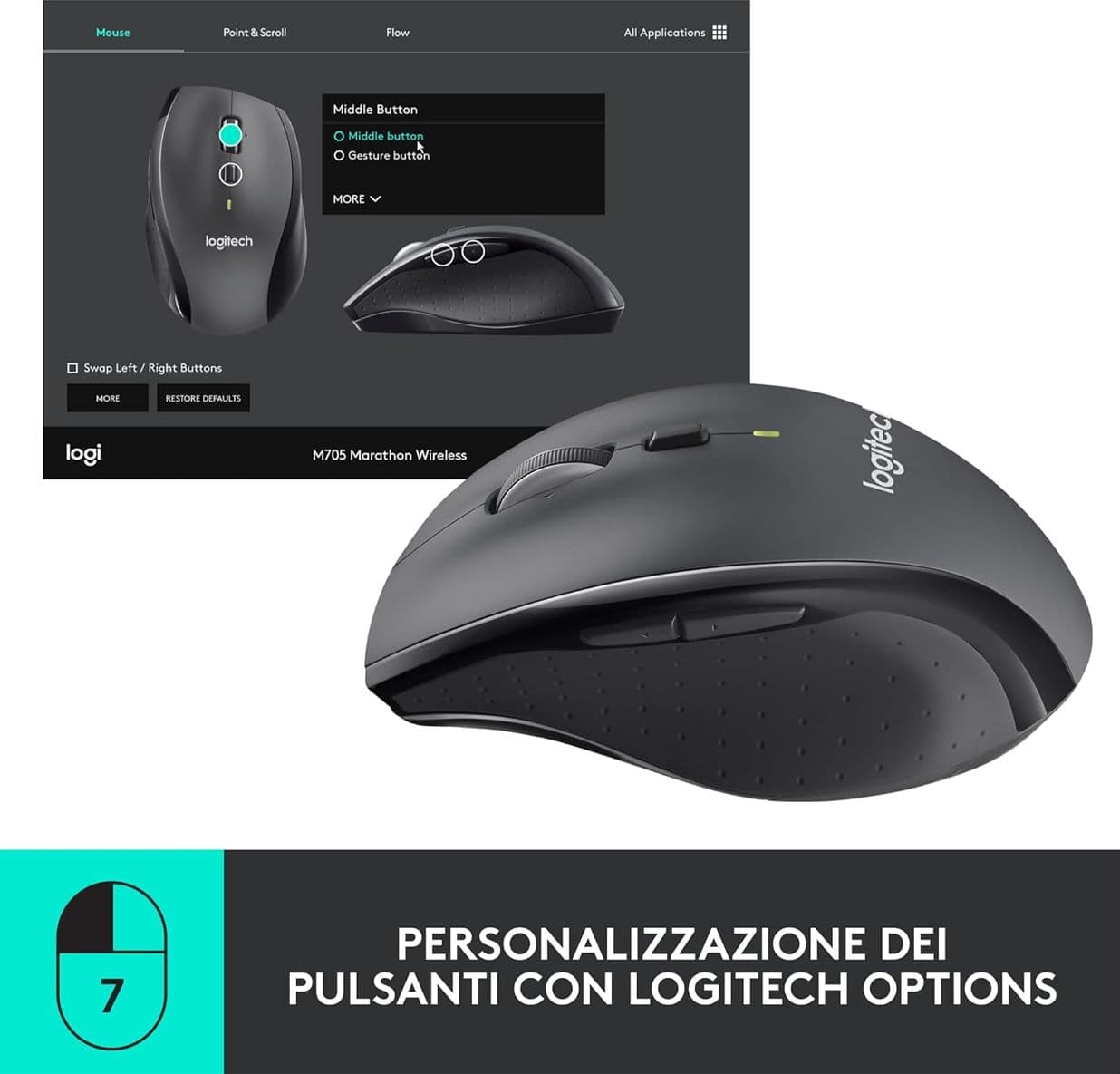 Mouse Wireless Logitech M705 Marathon Grafite, Scorrimento Iperveloce, Autonomia 3 Anni, Ricevitore Unifying, 5 Pulsanti Programmabili, PC/Mac - 3