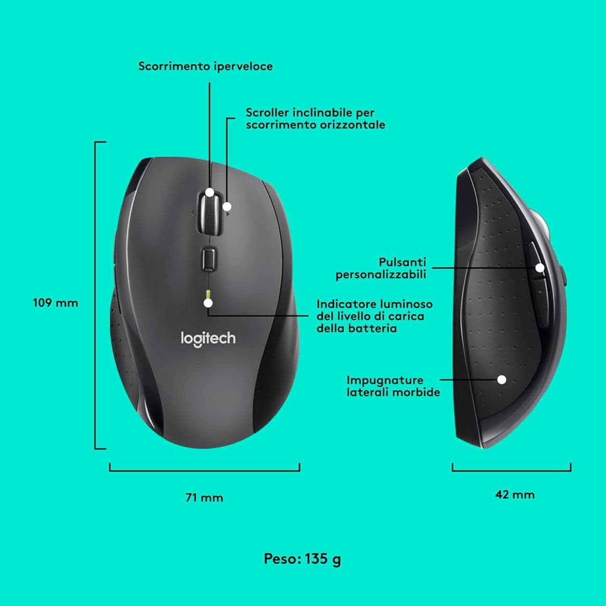 Mouse Wireless Logitech M705 Marathon Grafite, Scorrimento Iperveloce, Autonomia 3 Anni, Ricevitore Unifying, 5 Pulsanti Programmabili, PC/Mac - 4