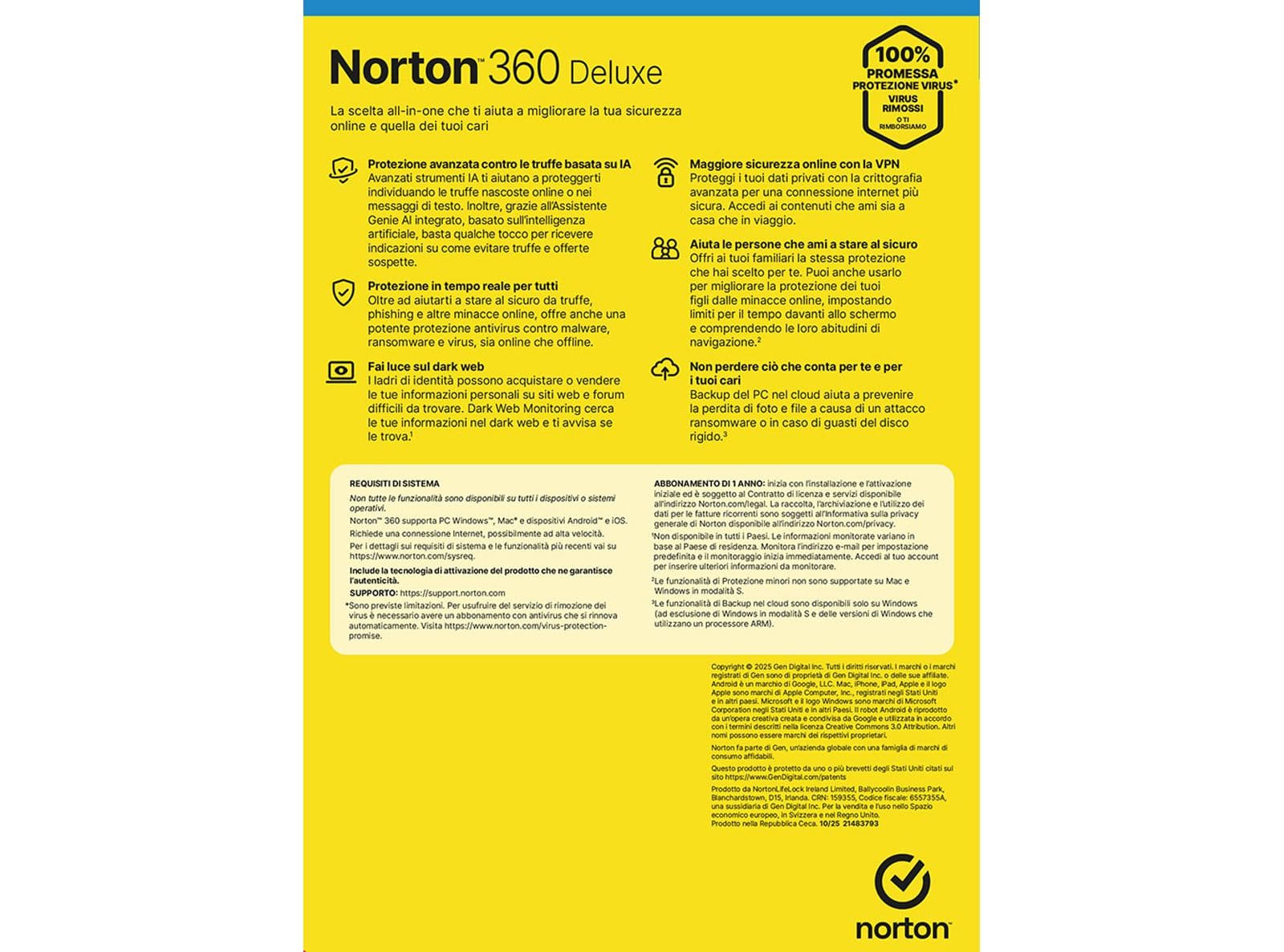 Norton 360 Deluxe 2026 - Antivirus per 3 Dispositivi Licenza 1 Anno + 25GB Cloud - 2