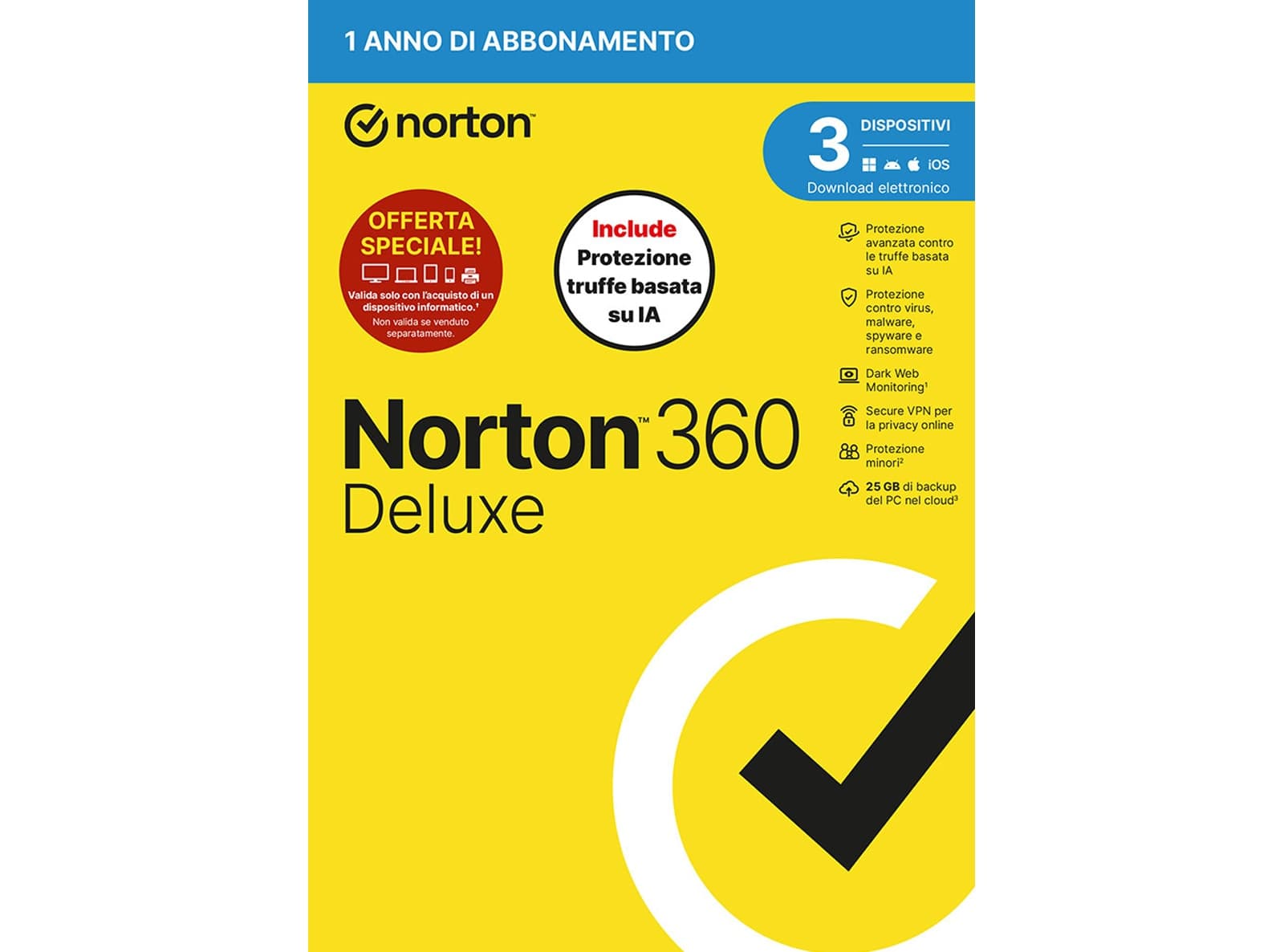 Norton 360 Deluxe 2026 - Antivirus per 3 Dispositivi Licenza 1 Anno + 25GB Cloud - 3
