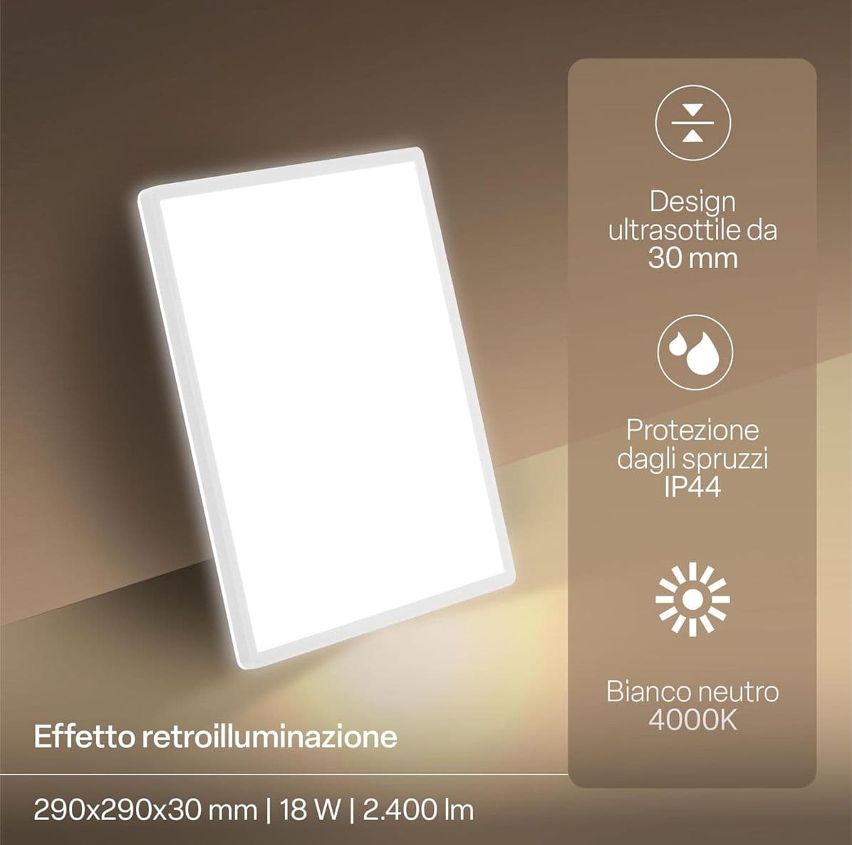 Plafoniera LED Ultrapiatta Quadrata con Retroilluminazione Indiretta Luce Bianco Neutro Impermeabile IP44 per Bagno e Cucina, 29x29x3 cm Bianco - 3