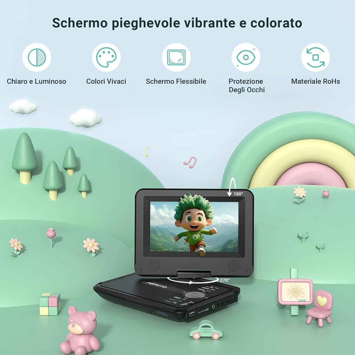 POFOTO Lettore DVD Portatile da 9.5 Pollici con Schermo HD Ruotabile Batteria 6 Ore Supporto Multiformato SD USB Funzione Memoria Sync TV e Caricatore Auto - 2
