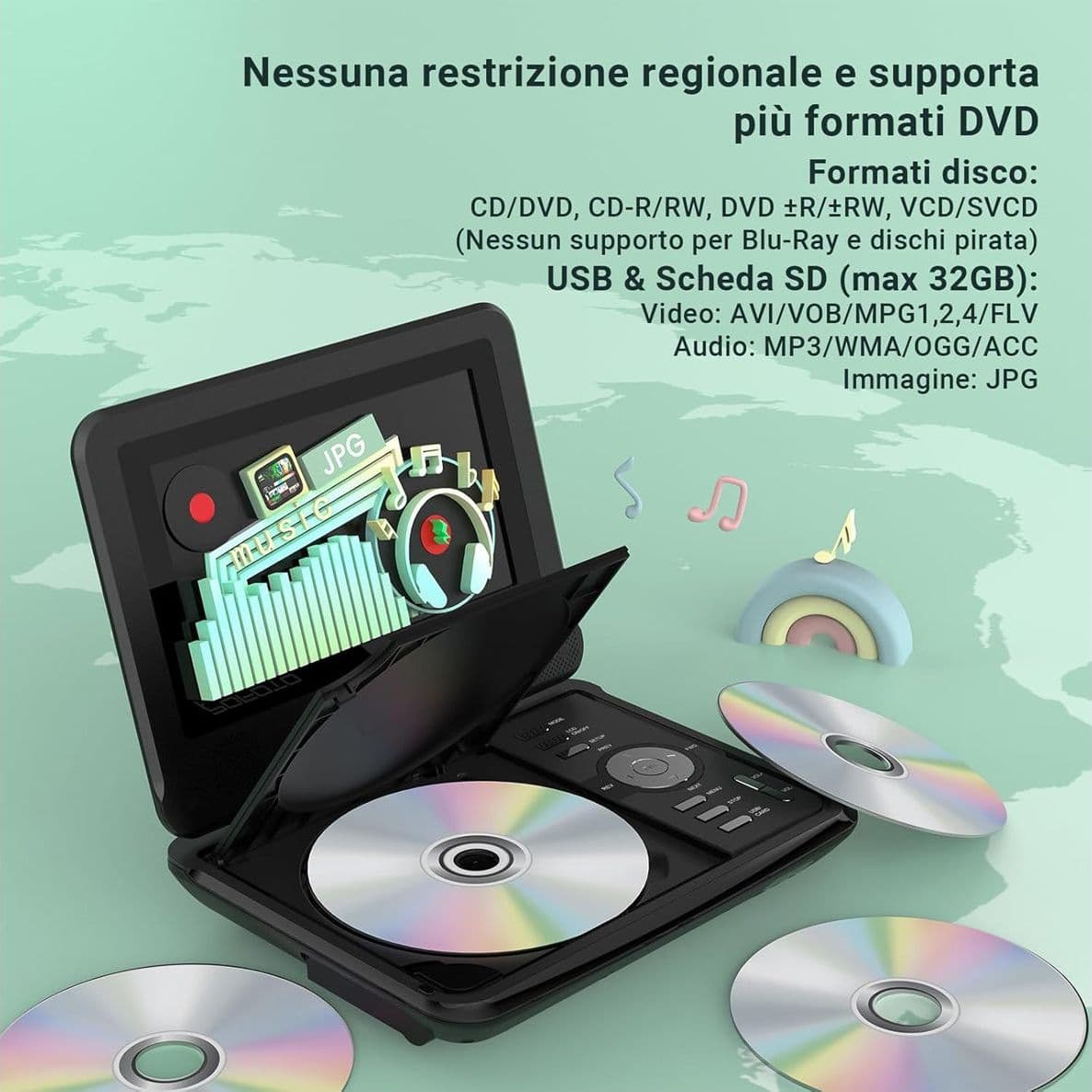 POFOTO Lettore DVD Portatile da 9.5 Pollici con Schermo HD Ruotabile Batteria 6 Ore Supporto Multiformato SD USB Funzione Memoria Sync TV e Caricatore Auto - 3