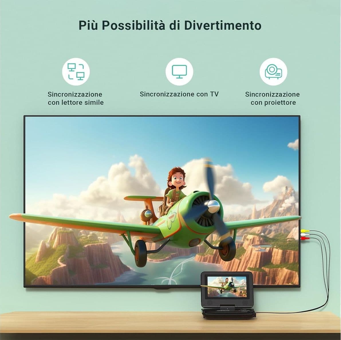 POFOTO Lettore DVD Portatile da 9.5 Pollici con Schermo HD Ruotabile Batteria 6 Ore Supporto Multiformato SD USB Funzione Memoria Sync TV e Caricatore Auto - 4