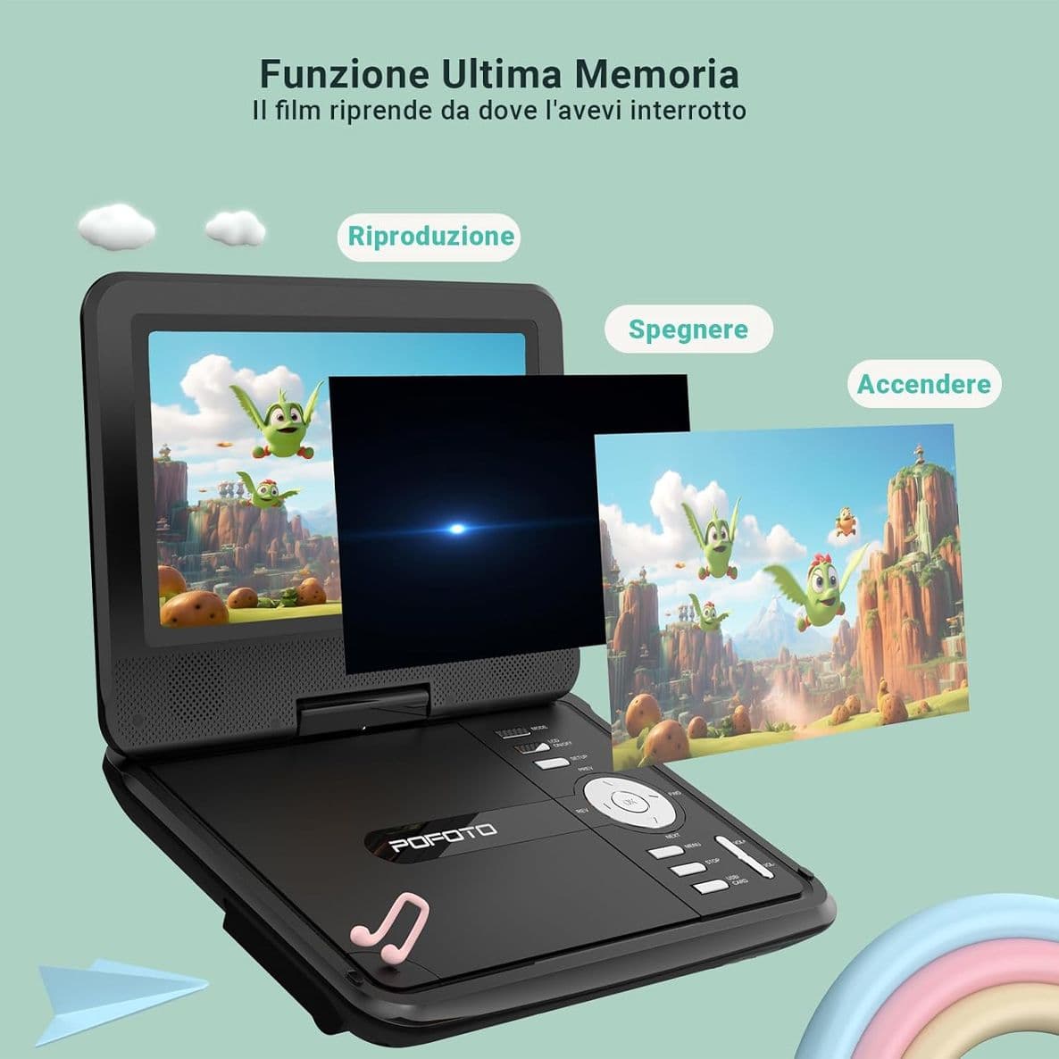 POFOTO Lettore DVD Portatile da 9.5 Pollici con Schermo HD Ruotabile Batteria 6 Ore Supporto Multiformato SD USB Funzione Memoria Sync TV e Caricatore Auto - 5