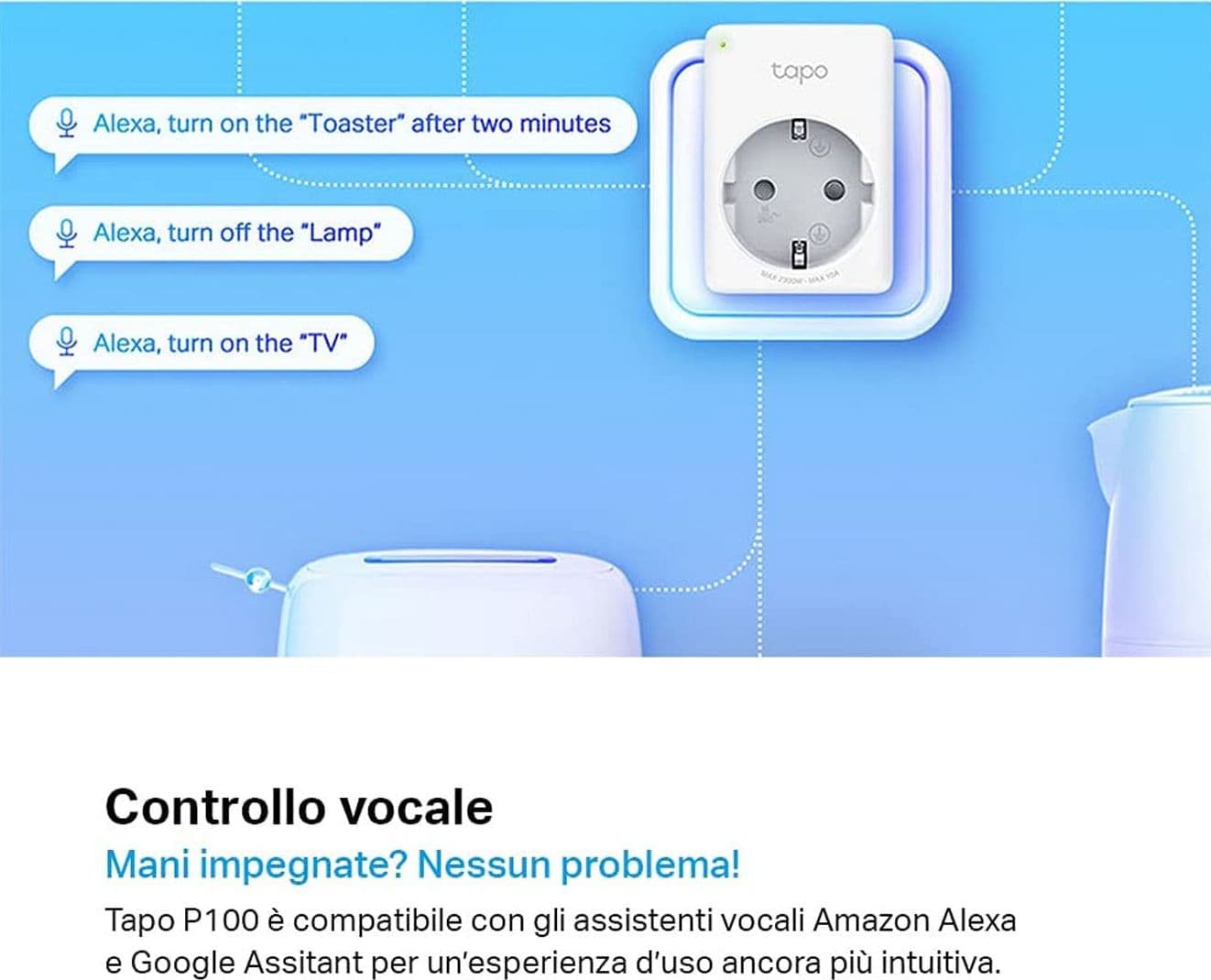 Presa Intelligente WiFi Smart Plug Compatibile con Alexa e Google Home Controllo Remoto tramite APP TP-Link Tapo P100 10A 2300W - 3