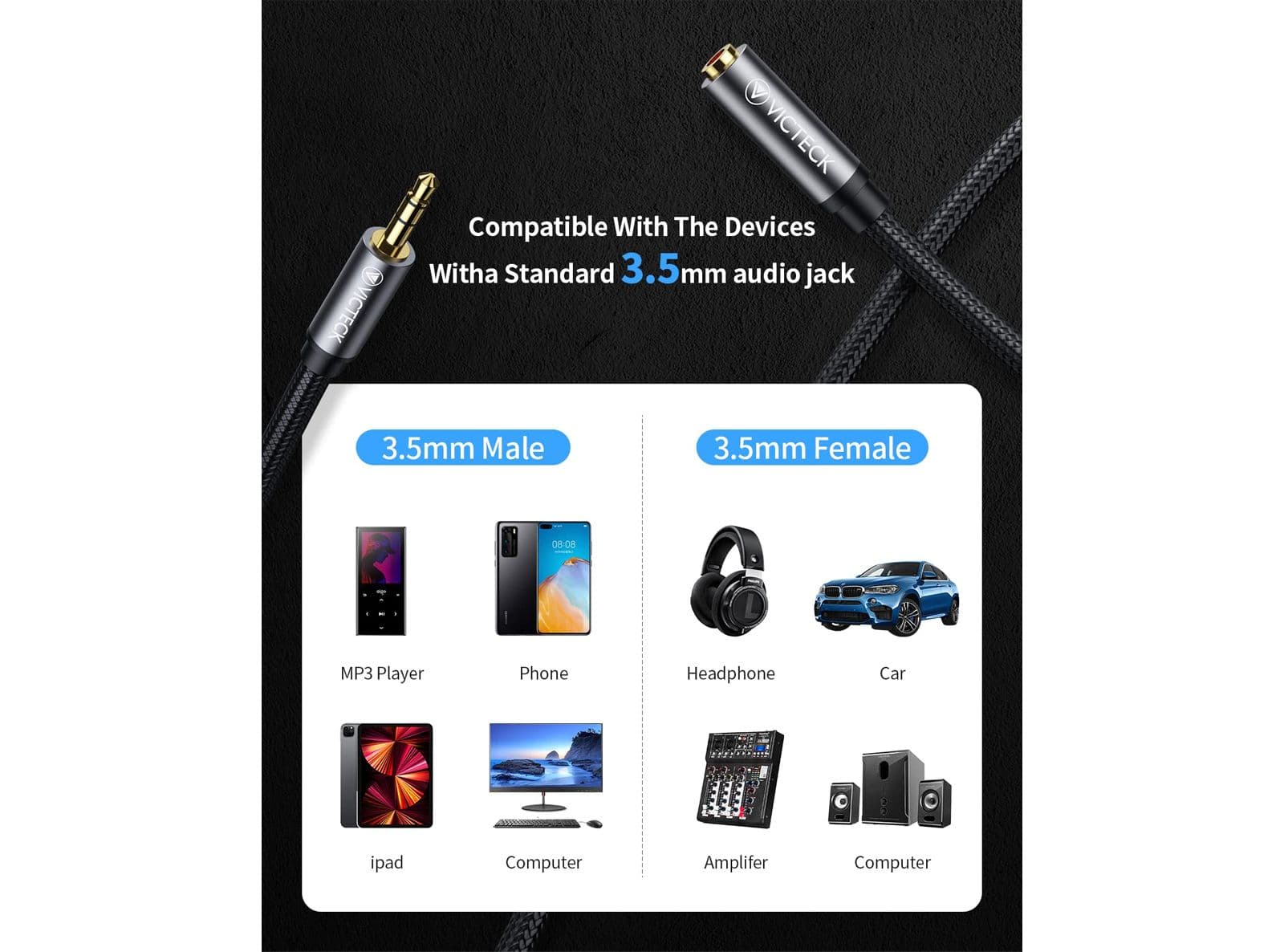 Prolunga Jack Cavo Nylon Intrecciato Jack Audio Stereo 3,5mm Maschio a Femmina Cuffie Prolunga Compatibile con Cuffie Beats Apple iPhone iPad iPod Smartphone MP3 ed altri 1M - 2