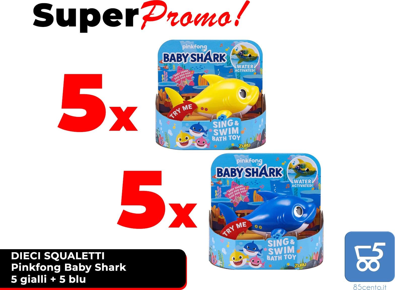 Promo 10 Pezzi Mixed 5 Gialli e 5 Blu Pinkfong Baby Shark Giocattolo da Bagno Canta e Nuota a Batteria per Bambini +18 Mesi - Rivenditore - 7