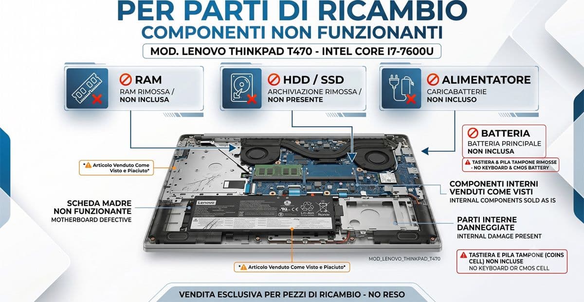 Ricambi Lenovo ThinkPad T470 Intel Core I7 7600U NO RAM NO SSD NO ALIMENTATORE NO BATTERIA NO TASTIERA NO PILA TAMPONE - Per Parti di Ricambio/Non Funzionante - 8