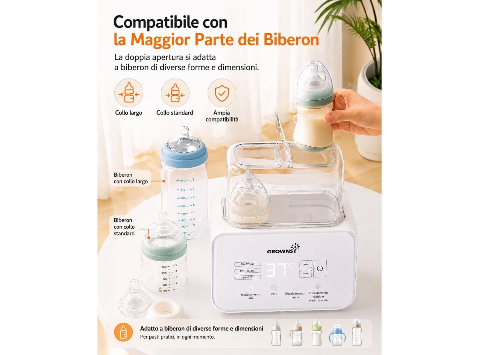 Scaldabiberon Doppio 9 in 1 con Sterilizzatore Controllo Preciso della Temperatura con Display LCD Mantiene in Caldo per 24 Ore Scongelamento e Scaldapappa Senza BPA Grownsy - 4