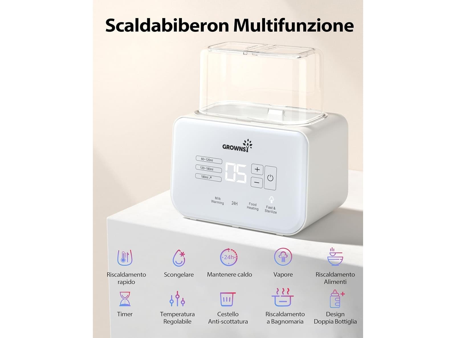 Scaldabiberon Doppio 9 in 1 con Sterilizzatore Controllo Preciso della Temperatura con Display LCD Mantiene in Caldo per 24 Ore Scongelamento e Scaldapappa Senza BPA Grownsy - 5